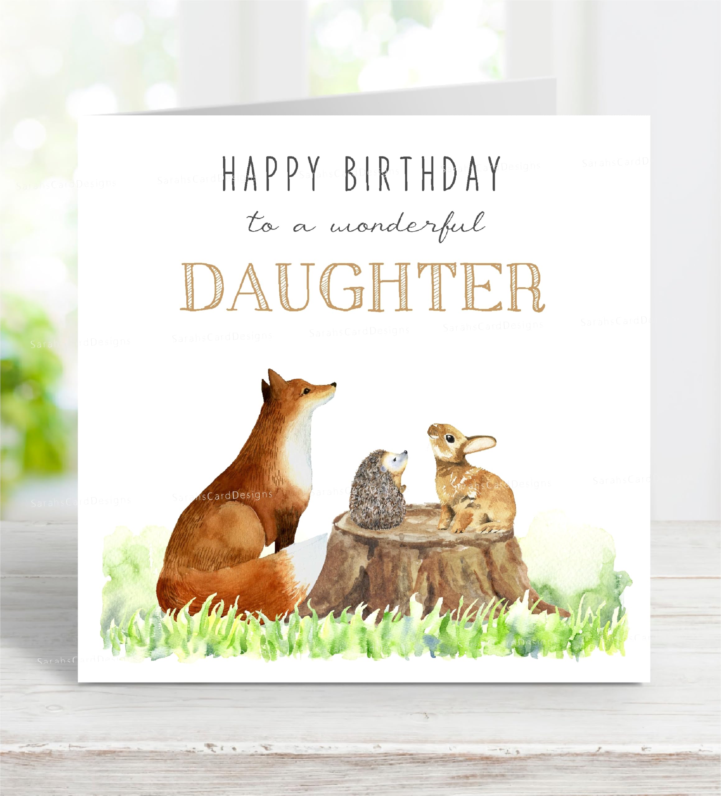 Daughter Woodland Animal Birthday Card, Fox/Rabbit/Hedgehog Greeting Card, 6" x 6", Inside is Blank - HandmadebySJB