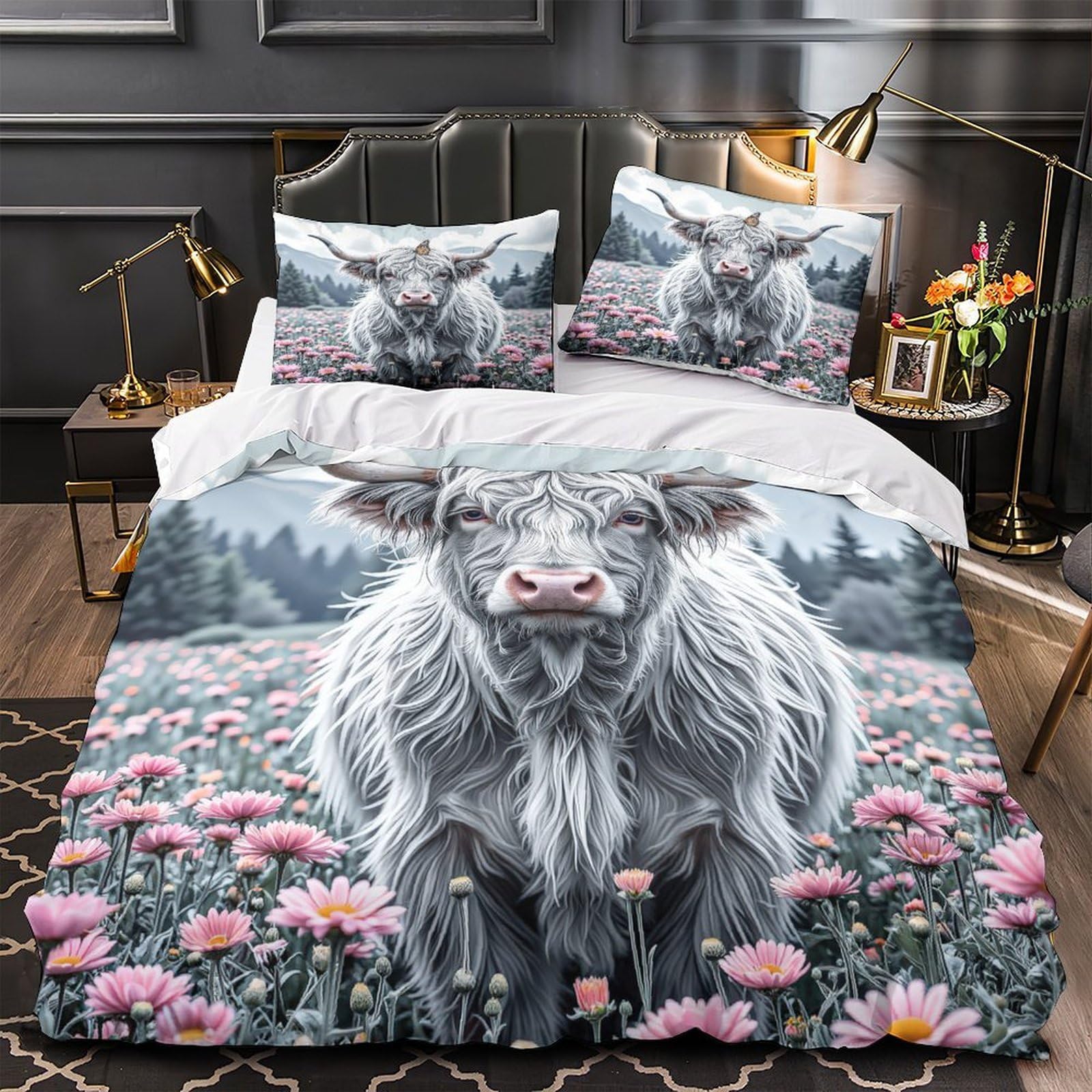 Parure de lit vache des Highlands pour cocooner dans une chambre cosy en hiver