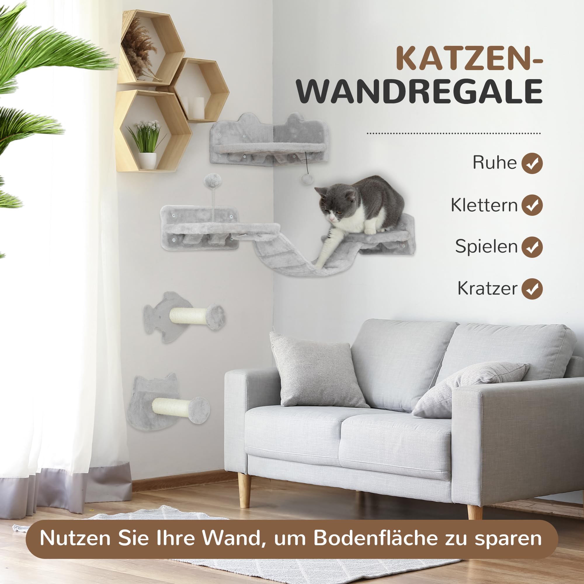 PawHut Kletterwand Katzen 4-teilig mit Kratzbäumen Set bis 5 kg Hellgrau
