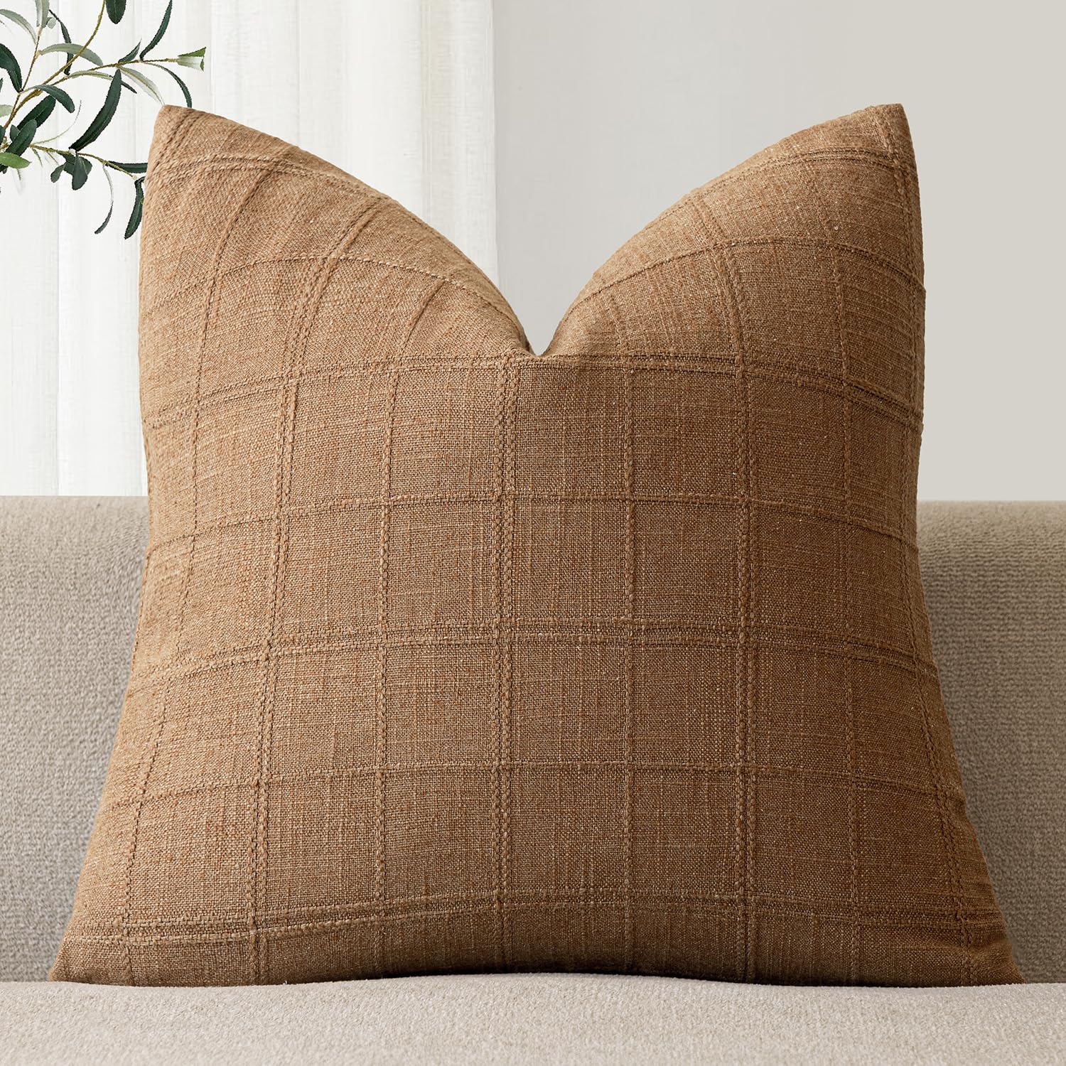 Foindtower Set of 1 Decorative Linen Check Throw Pillow Cover Neutral Farmhouse Vintage Cushion Cover Modern Boho Home Decor for Sofa Chair Couch Bedroom Living Room,20×20 Inch,Brick