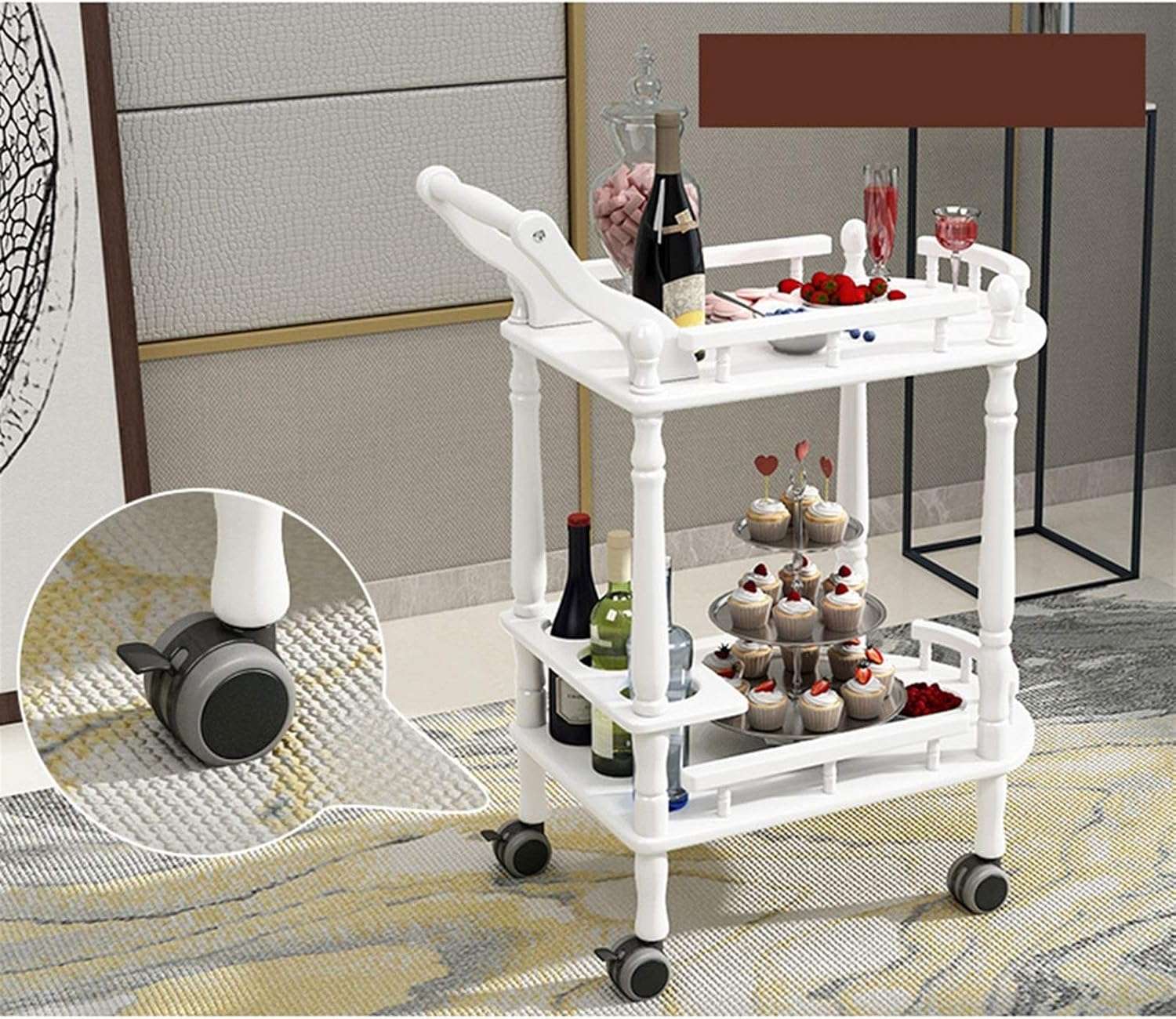 Solid Wood Kitchen Serving Carts Rolling Bar Cart Kitchen Cart,Cart Removable for Kitchen Hotel Wheeled Home Bar Cart Kitchen cart with Storage (Color : 1 (Metal Rubber Wheel)) (White (Mute Wheel))