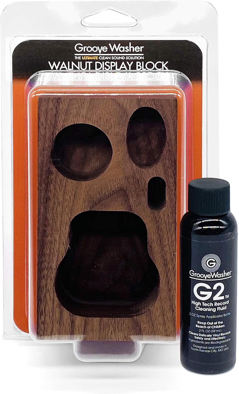 GrooveWasher Solid American Walnut Display Block | Precision-Cut Fit for GrooveWasher Vinyl Record Cleaning Kit & SC1 Stylus Cleaner Storage + Bonus G2 Record Cleaner Fluid Spray Bottle (2oz)