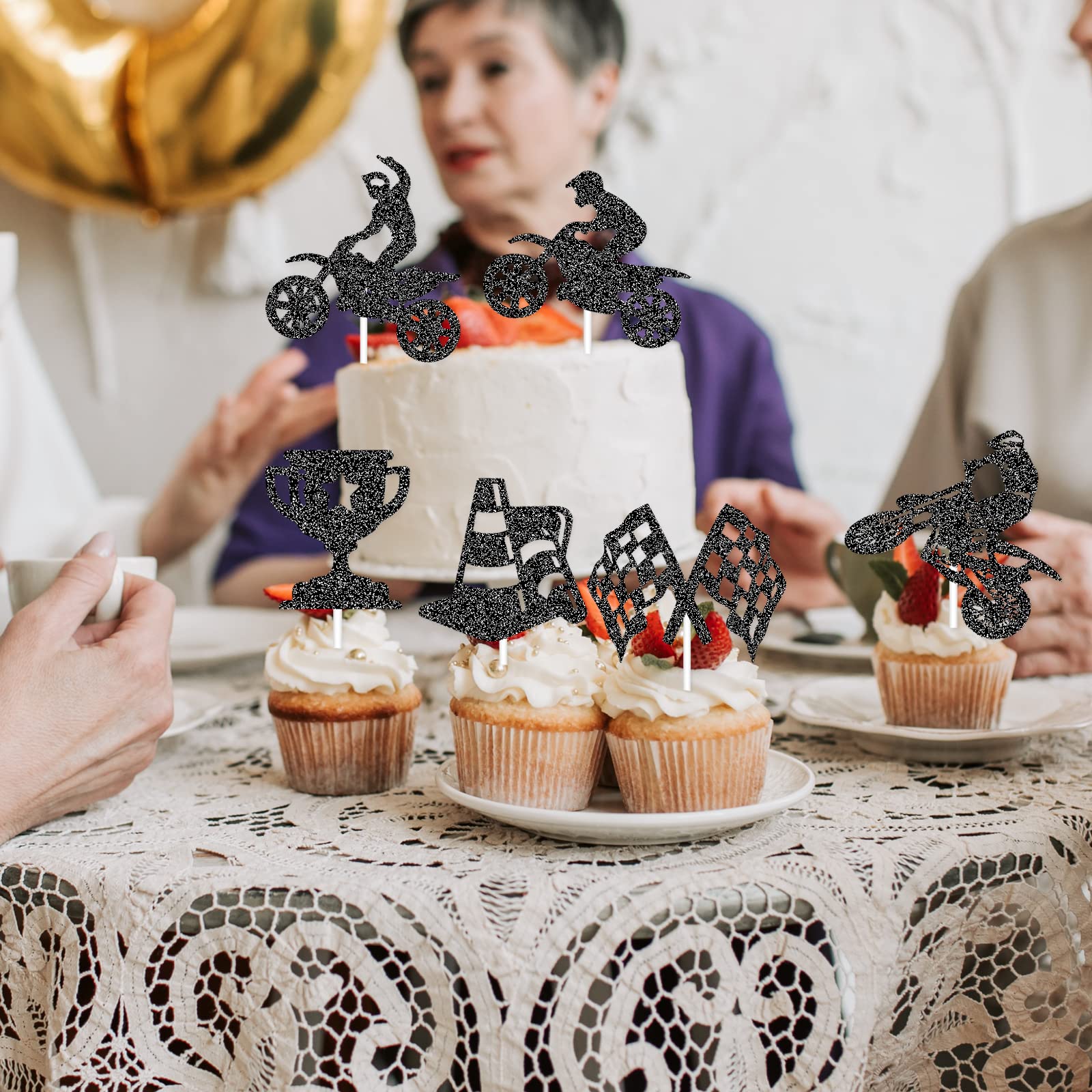 24 Stück Motorrad Cupcake Topper – Geburtstagsdeko Für Motorrad-Rennsport-Party | Glitzer-Design Für Jungen & Mädchen