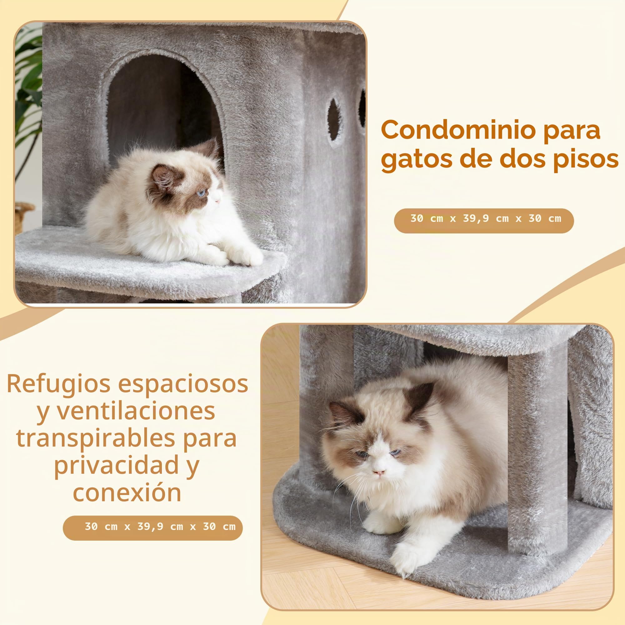 Heybly Árbol para Gatos, 65 cm de Altura, con una Plataforma Superior Extragrande, Cesta para Gatos de Dos Pisos, Rascador de Sisal, Cesta y Juguetes para Gatos, Gris Claro HCT204SW