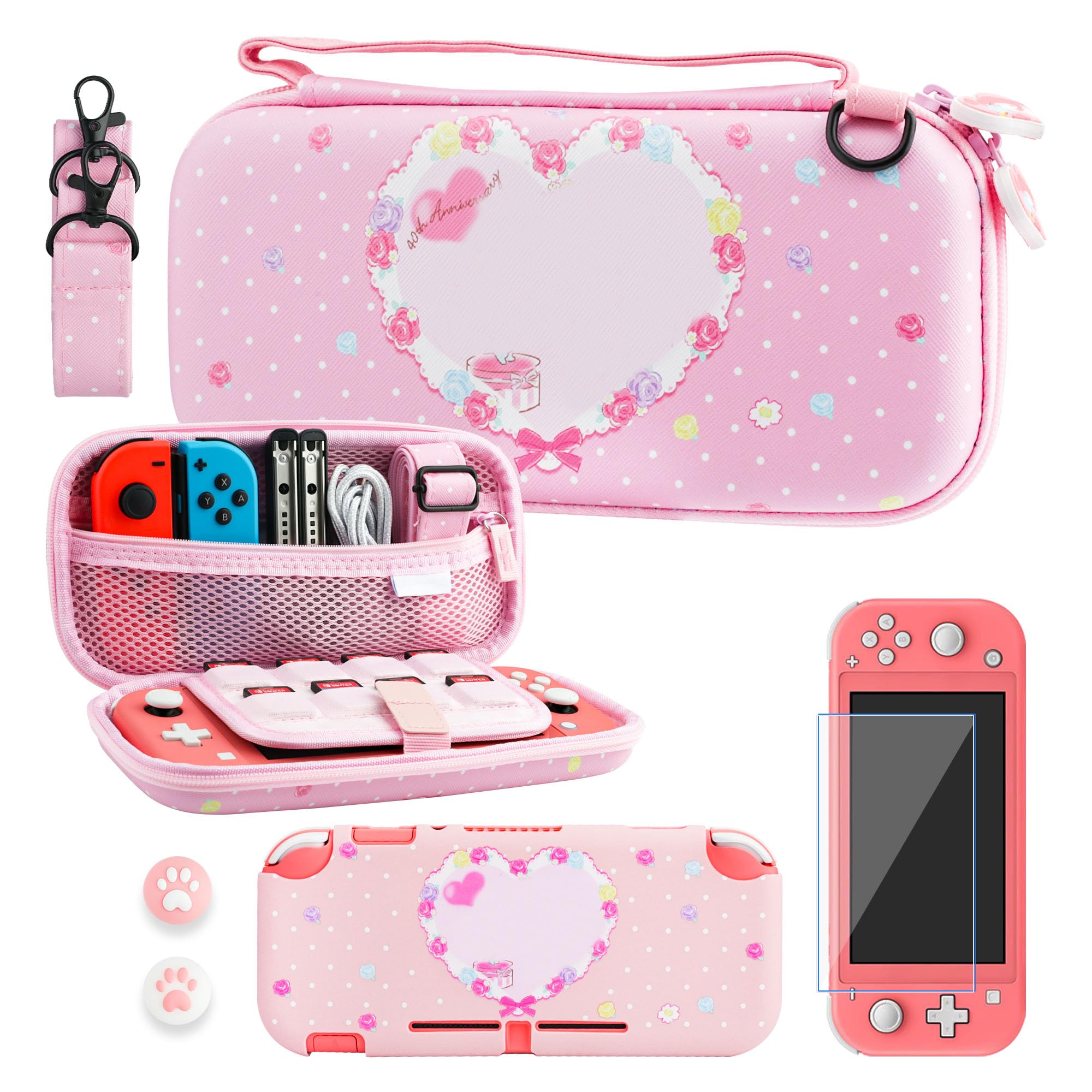RHOTALL Étui de transport pour Nintendo Switch Lite, joli étui d'accessoires pour Switch Lite avec coque de protection en TPU,bandoulière, protecteur d'écran et 2 capuchons pour les pouces, lapin rose