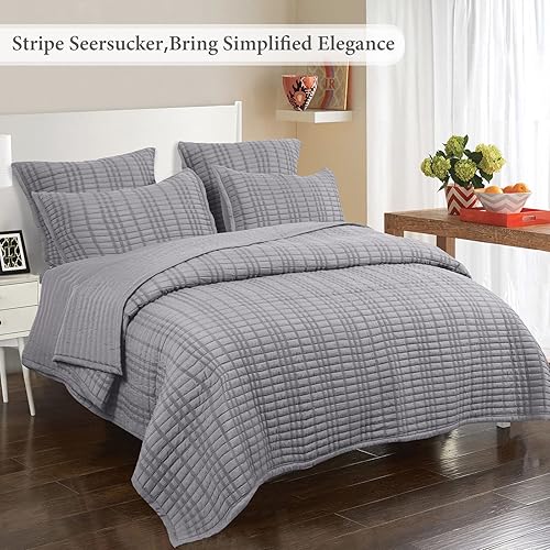 Miniatura 6 de PHF Juego de edredón de sirsucker tamaño individual, con buena caída, suave y lavado, moderno y elegante para todas las estaciones, 1 colcha ligera