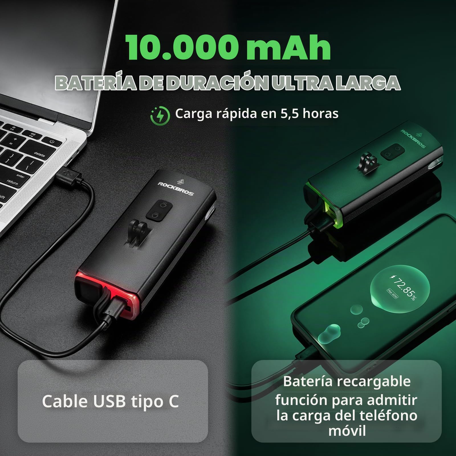 ROCKBROS Luz de Bicicleta Recargable USB, Faro Delantero Bicicleta 3000 Lúmenes Brillante LED con 6 Modos Fijos IPX6 Impermeable