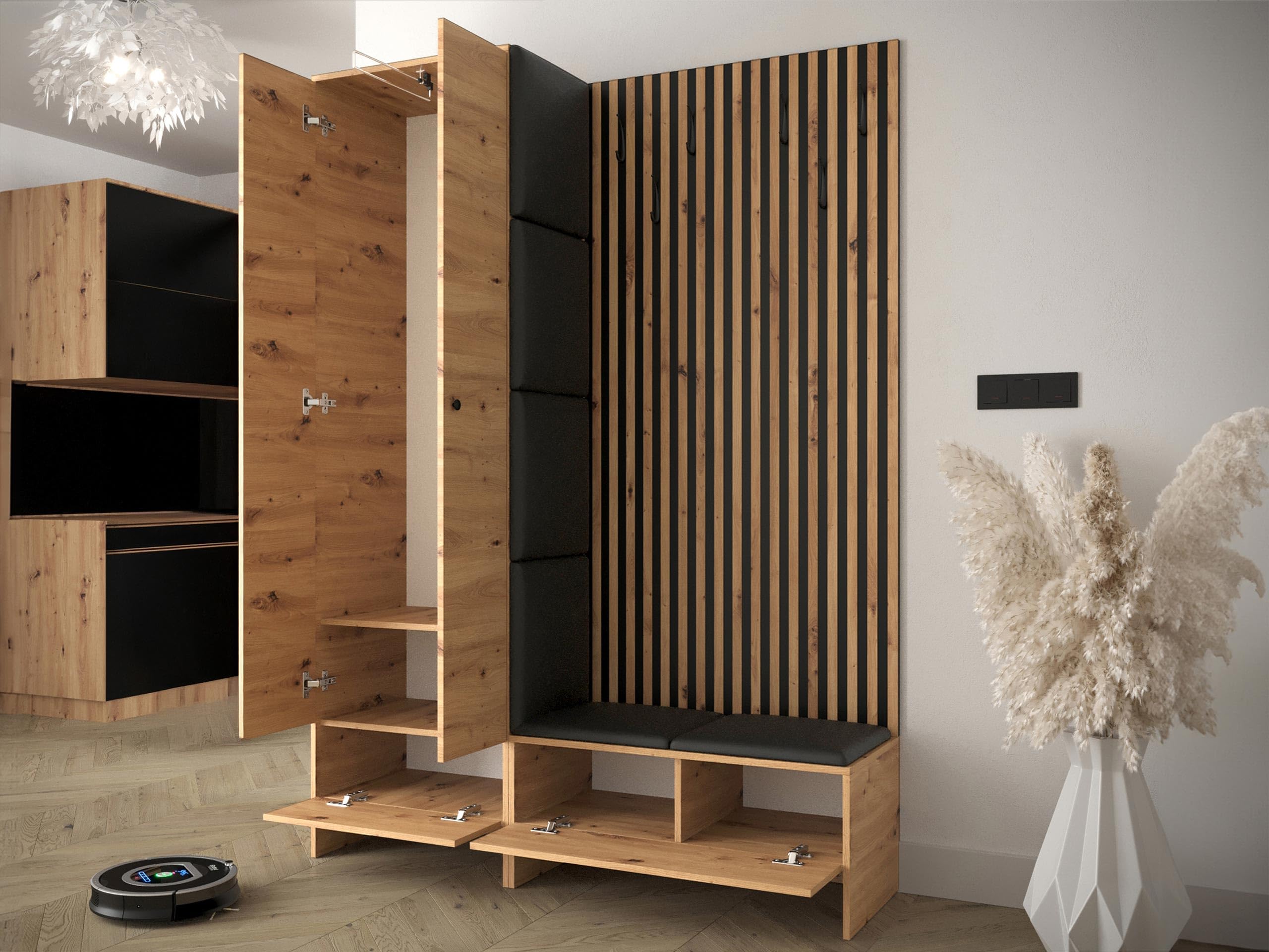 Mirjan24 Garderoben-Set Melire III Kleiderschrank Schuhschrank Lamellen Paneel mit Kleiderhaken Gepolstertes Paneel Wandpaneel Kleiderstange Wandgarderobe Flurgarderobe Eiche Artisan Manila 26