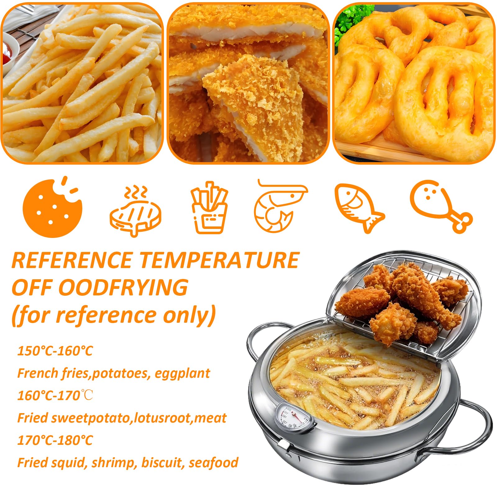 Friteuse japonaise Tempura en acier inoxydable avec couvercle, contrôle de la température, égouttoir pour poulet frit, crevettes, frites françaises - 27,9 cm