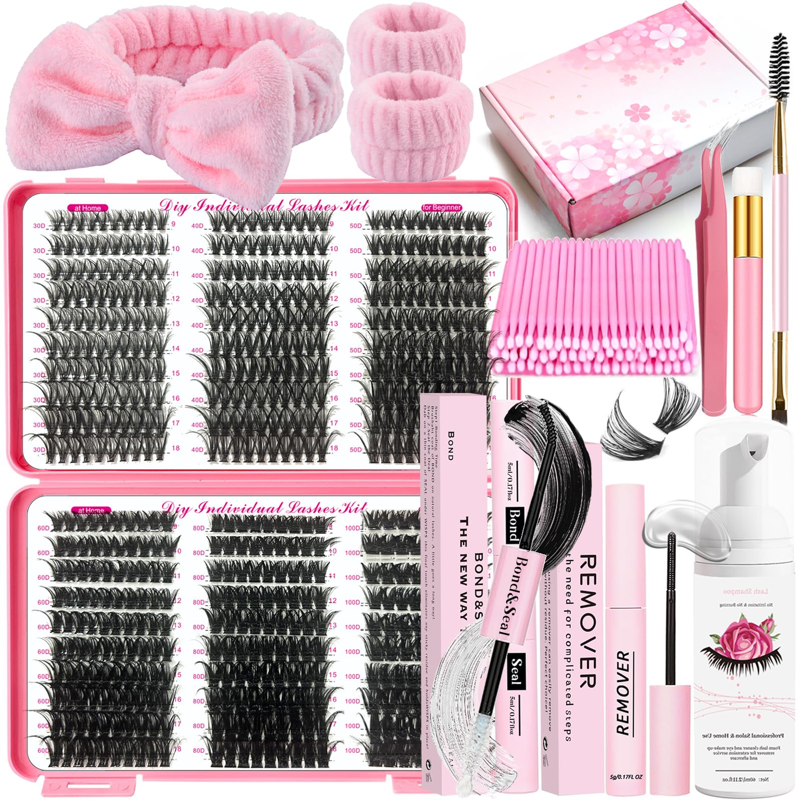 DNSGOOR DIY Lash Extension Kit 570Pcs 9-18mm D Curl Lashes Clusters with Lash Bond and Seal Glue Remover Lash Shampoo Cleansing Brush Headband Wristband Tweezers Eyelash Brush Applicator (LASH01)