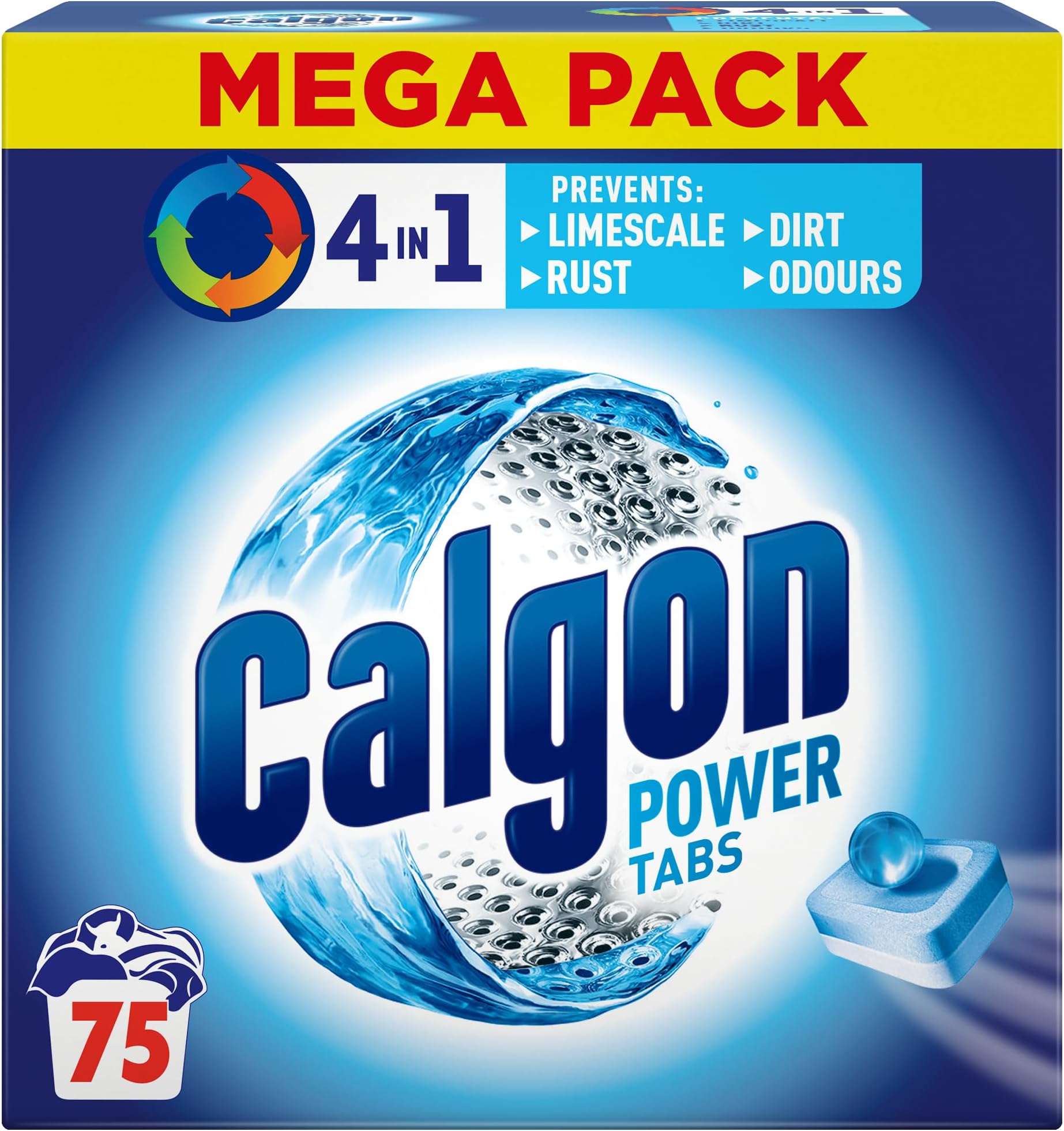 – Calgon 4-in-1 Washing Machine Cleaner and Water Softener Tablets, 75 Count , Removes Limescale, Residue, Dirt, Rust & Malodours , Deep Clean , XL Pack Size