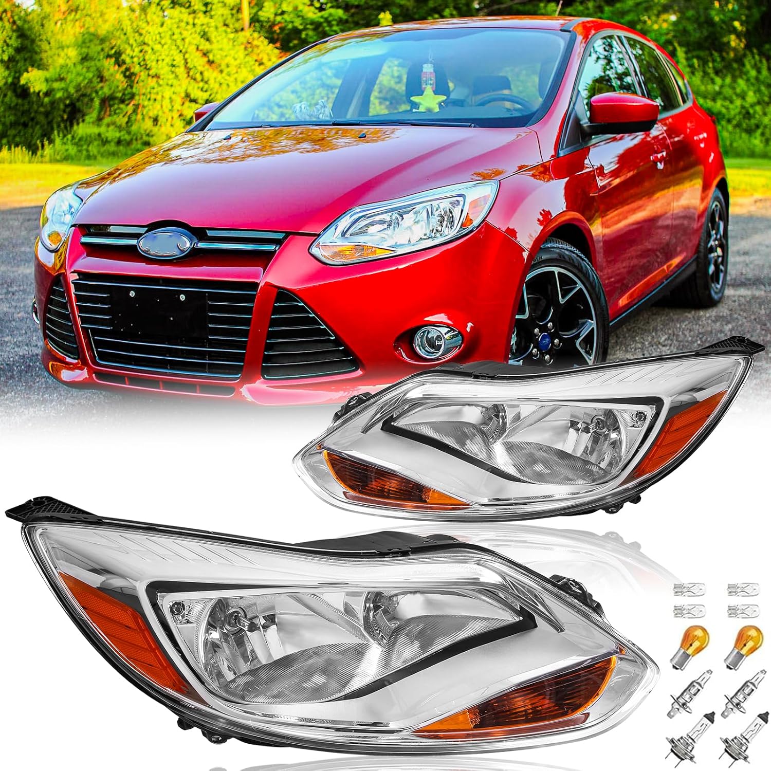 Headlights Assembly Pair w/Bulbs Compatible with 2012 2013 2014 Ford Focus 3rd Gen Pre-Facelift Direct Fit Replacement Headlamps (LH RH), Chrome Housing Amber Reflector