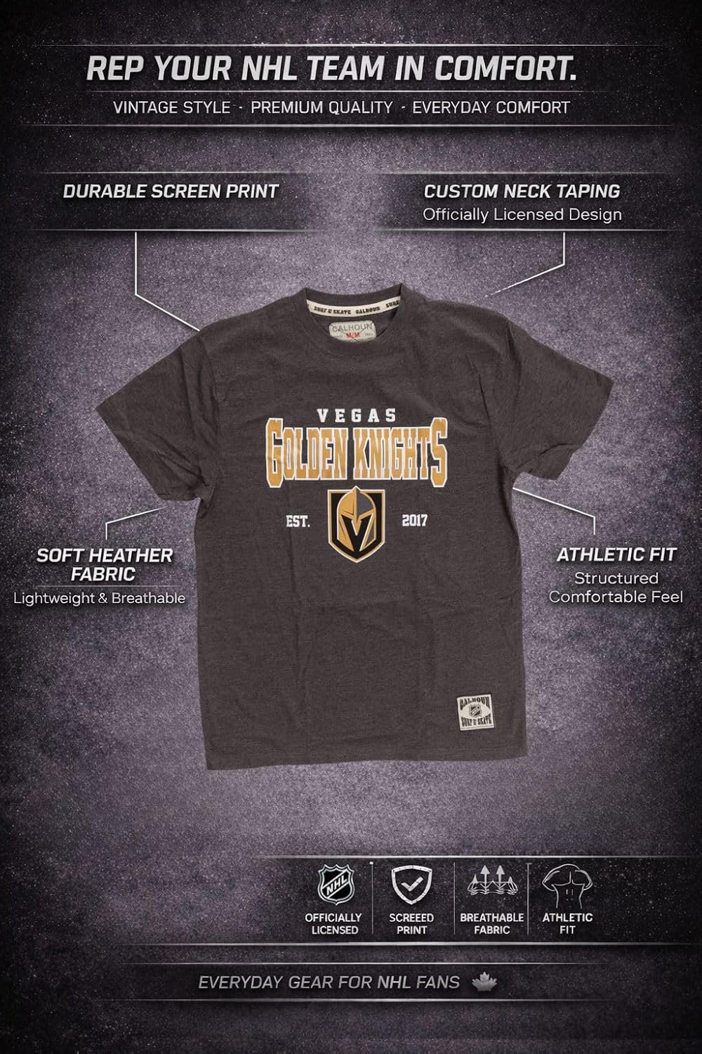 Calhoun NHL Men’s Heather Vintage Style T-Shirt — Screen Printed Logo Tee, Cotton Poly Blend