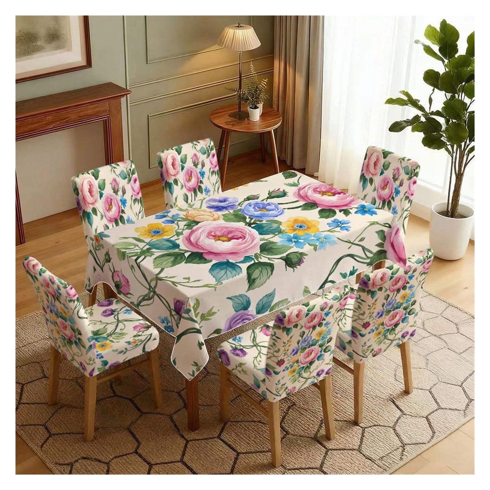 KXUAUV Rustic Multicolor Rose Floral Tablecloth And Chair Covers Set, Stretch Slipcovers For Farmhouse Cottage Dining Room Decor, 5/7 Pack Party Decor(7pcs Set: Tablecloth+Chair Covers)