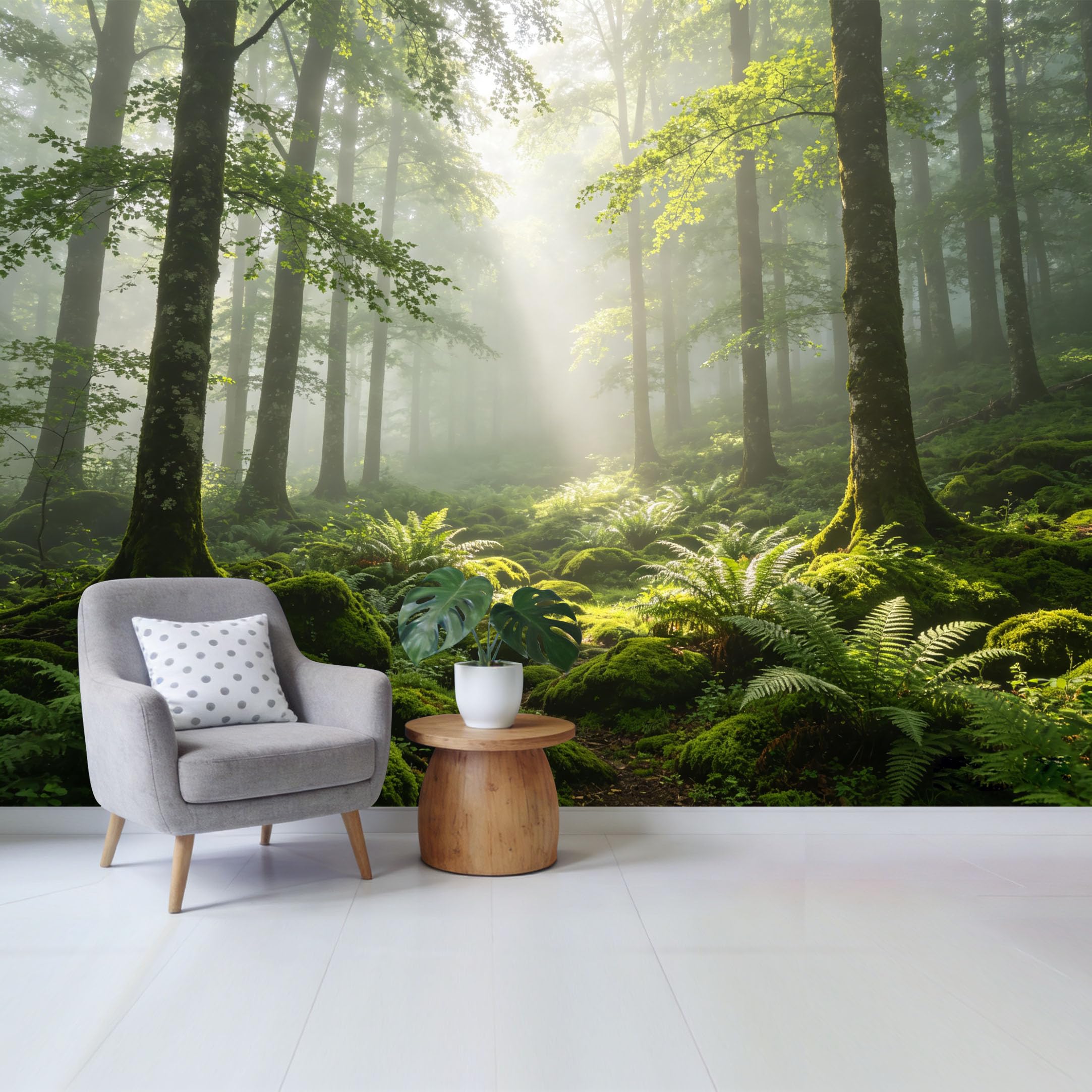 Qzlithotic Yq2605250615 Custom Size Wall Mural Misty Morning Forest Sunlight Ferns Mossy Rocks Botanical Nature Scene Selfadhesive Wall Fabric Removable Wallpaper For Home Office Decor