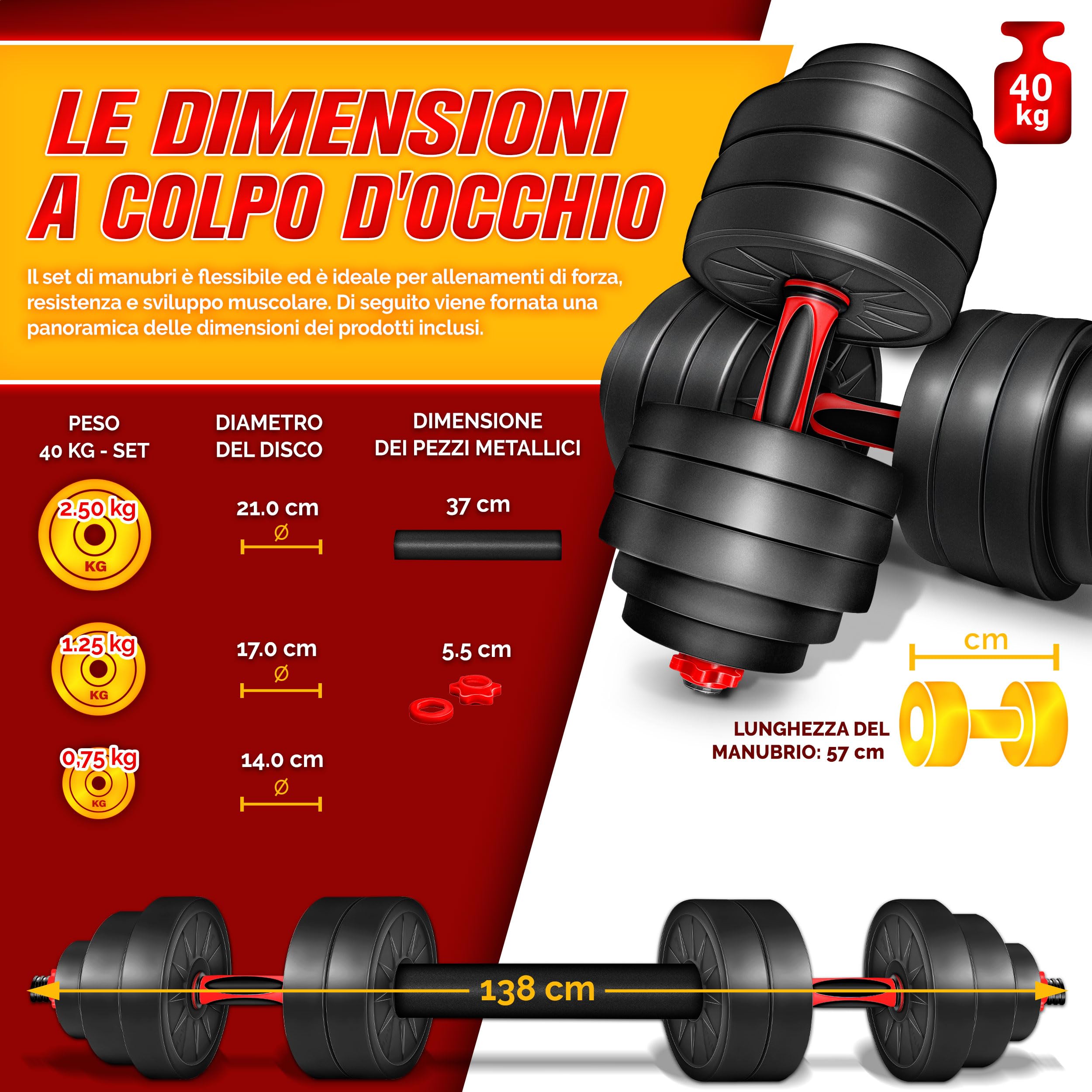 RE:SPORT Set di manubri 2 in 1 15-40kg | Set di manubri regolabili | Manubri corti e lunghi | Chiusure a stella e tubo di collegamento