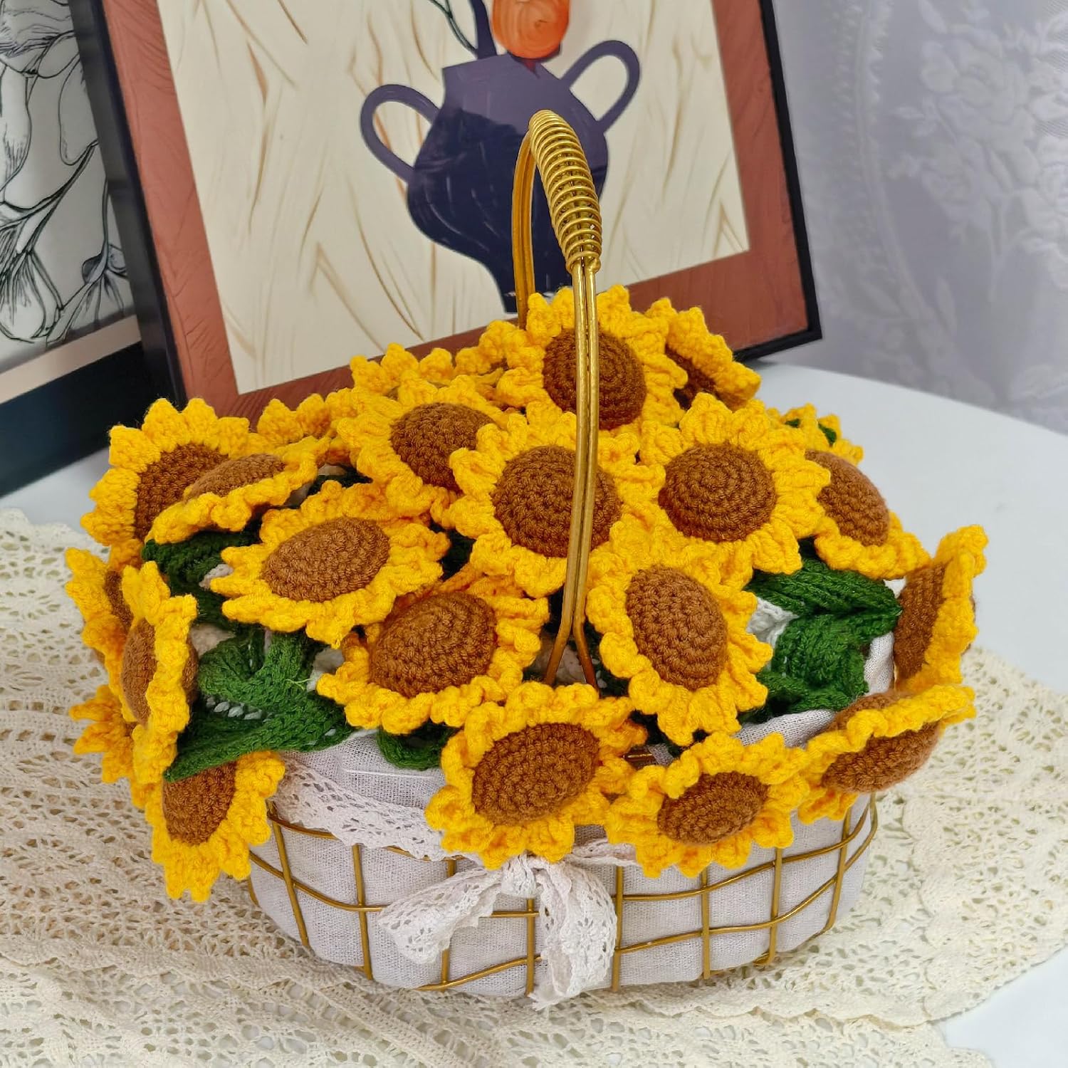Crochet Sunflower Bouquet Blanket, Handmade Flower Blankets, 32 Inch Round Floral Knitted Gifts for Mother's Day, Grandma Birthday, Teacher, Friend, Home Decor, Sofa（Finished Product） - Image 6