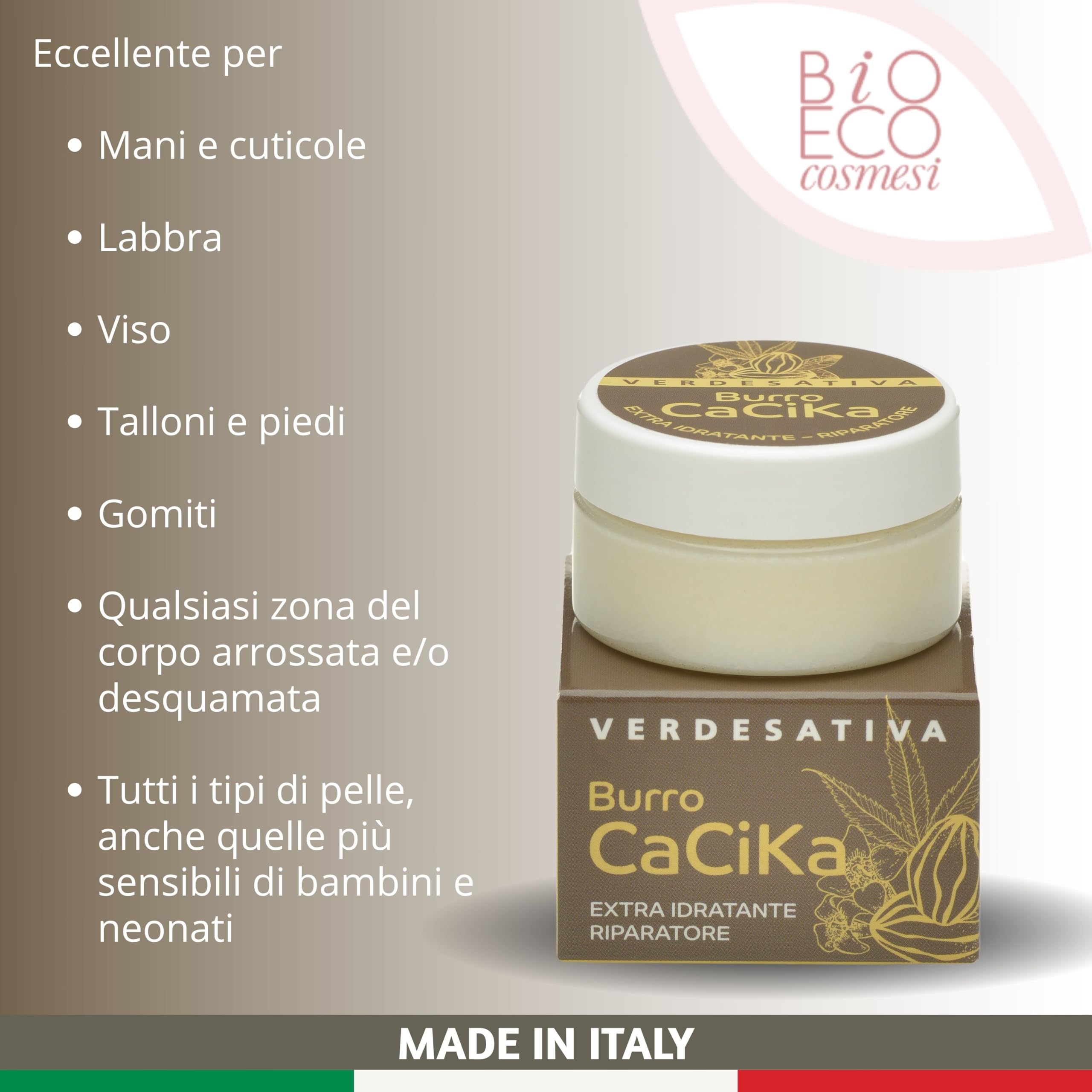 VERDESATIVA Burro Cacika Protettivo e Riparatore - 25 ml - Con Karité, Biologica e Oli Essenziali Naturali - Multiuso per Mani, Labbra, Piedi, Viso e Bambini - 100% Vegetale - Made in Italy