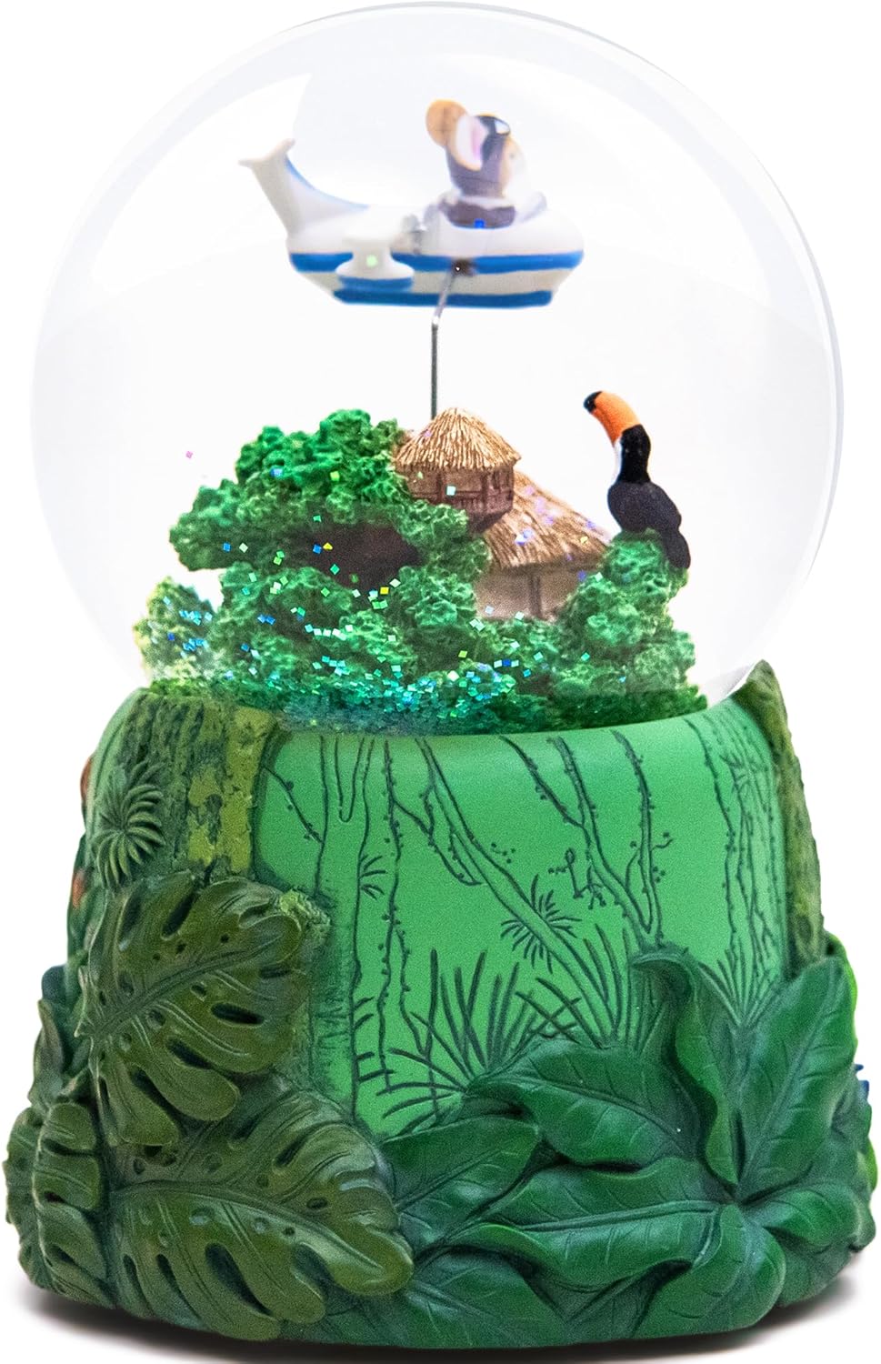 Mouse Adventure Snow Globe with Moving Airplane, Musical, Rotating Plane, Colorful Glitter, Jungle Explorer Theme, Home Décor, Unique Gifts for Birthday, Christmas, Holiday, Plays 'You Can Fly' Tune