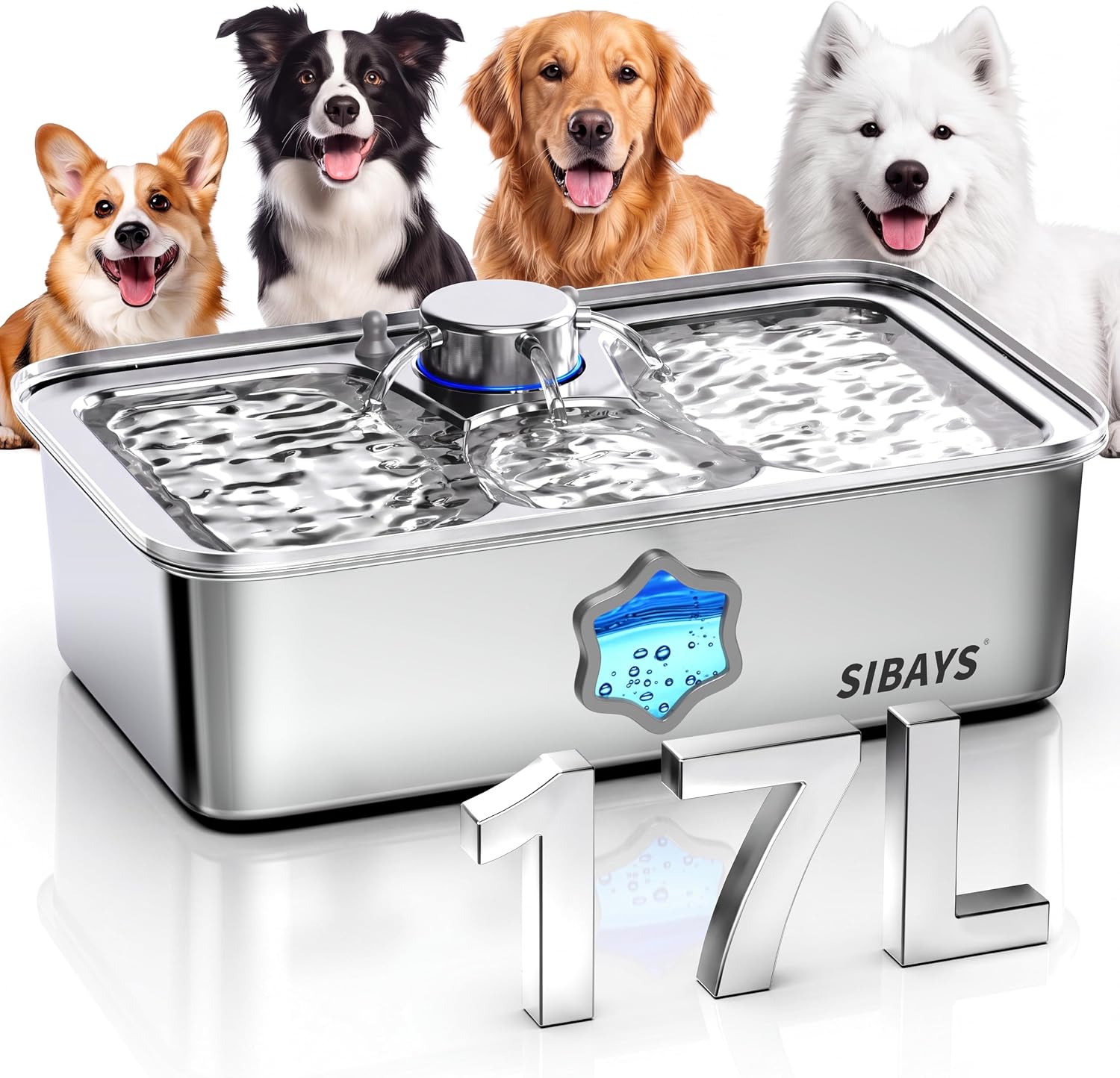 SIBAYS 4.5Gal Dog Water Fountain, Stainless Steel Pet Water Fountain FS86 | 17L Dog Water Bowl Dispenser with Water Level LED Light, Ultra Quiet Automatic Water Fountain for Dogs Inside, Easy to Clean