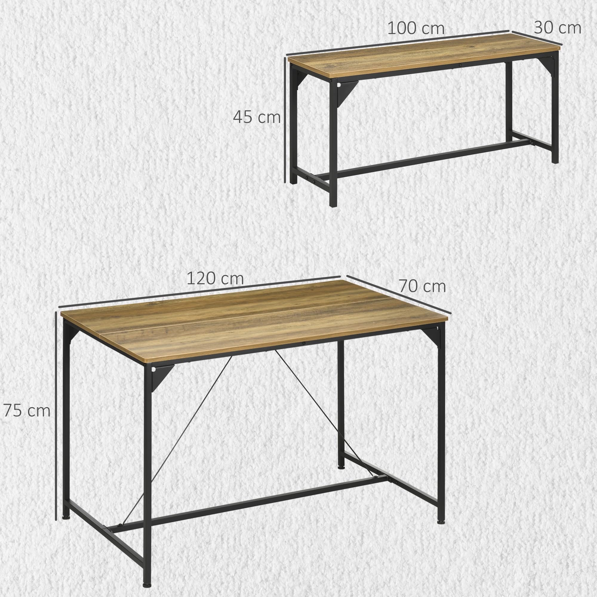 HOMCOM Ensemble Table à Manger et 2 Bancs Acier 120x70x75 cm Banc 100x30x45 cm 4 Personnes Cuisine Salle à Manger Naturel Noir