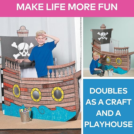 Fun Express 5 Ft. 10 x 4 Ft. 8 1/2 Color Your Own Pirate Ship White Cardboard Playhouse - Great for School, Daycare and Home Crafts for Kids and Pretend Play