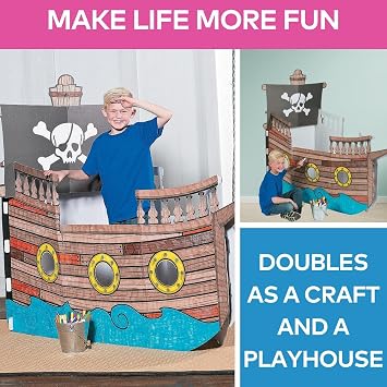 Fun Express 5 Ft. 10 x 4 Ft. 8 1/2 Color Your Own Pirate Ship White Cardboard Playhouse - Great for School, Daycare and Home Crafts for Kids and Pretend Play