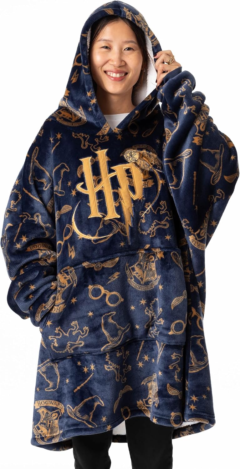 Harry Potter - Brandclub - Harry Potter Oversized Wearable Blanket Hoodie  Options for Men and Women White AOP, Hedwig or Navy with Logo Sherpa Fleece