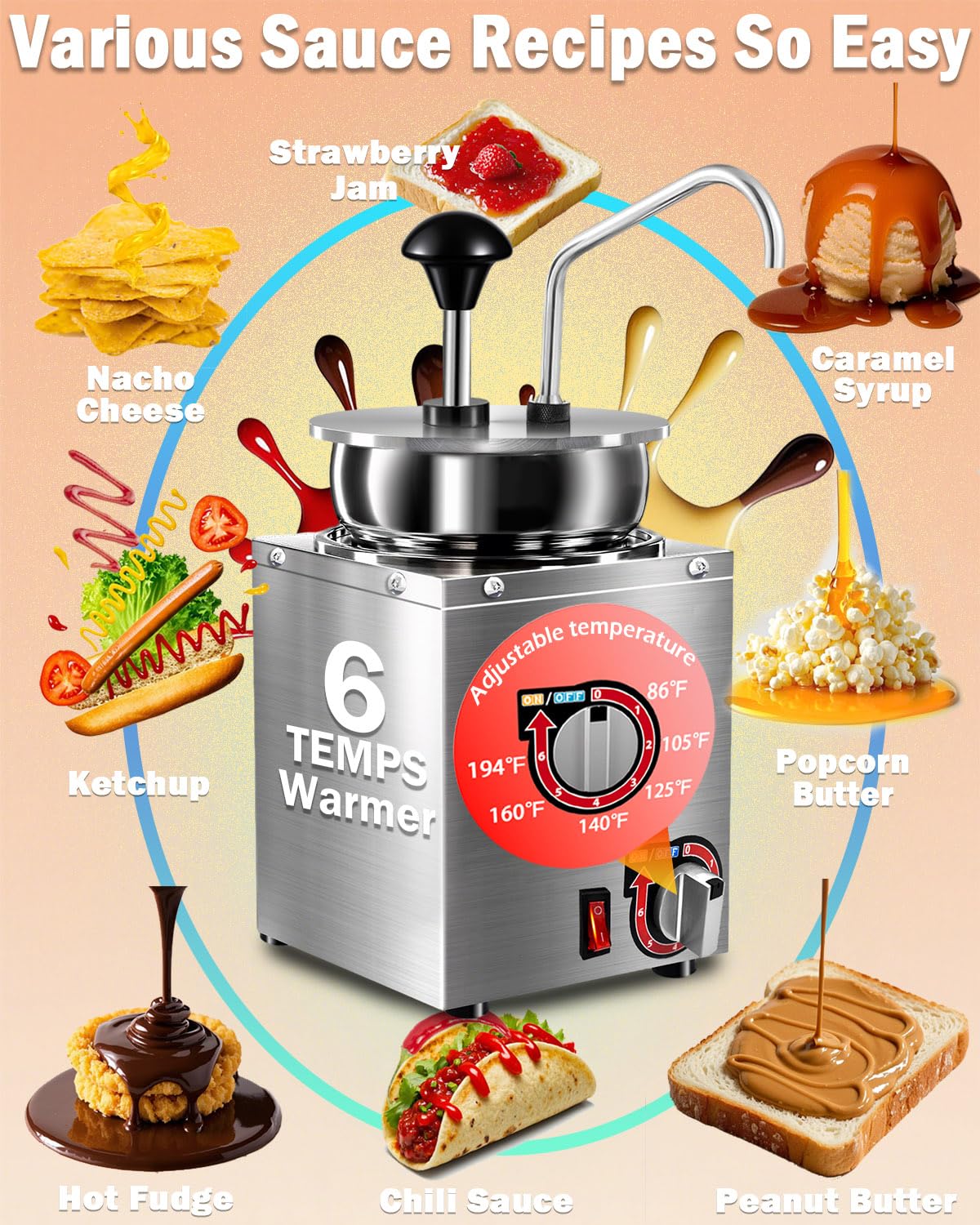 Dispensador de queso Nacho, calentador de queso nacho de 4.6 cuartos de galón con bomba de acero inoxidable, calentador de dulce caliente con ajuste de temperatura de 6 niveles, máquina dispensadora