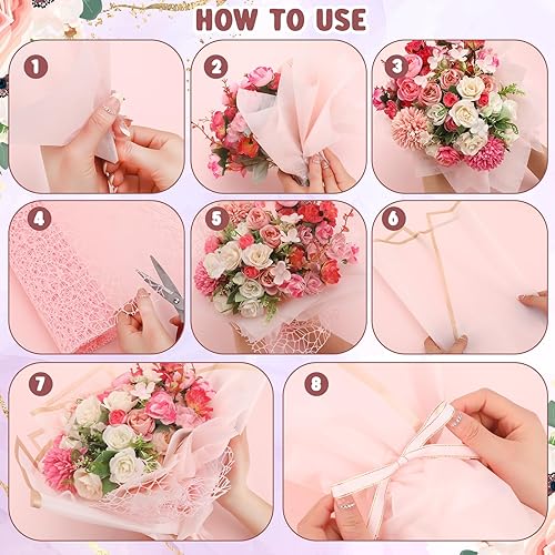 Miniatura 3 de Qilery Juego de 334 piezas de papel de regalo de flores, 153 papel de regalo de ramo floral impermeable, 72 decoraciones de mariposas doradas 3D,