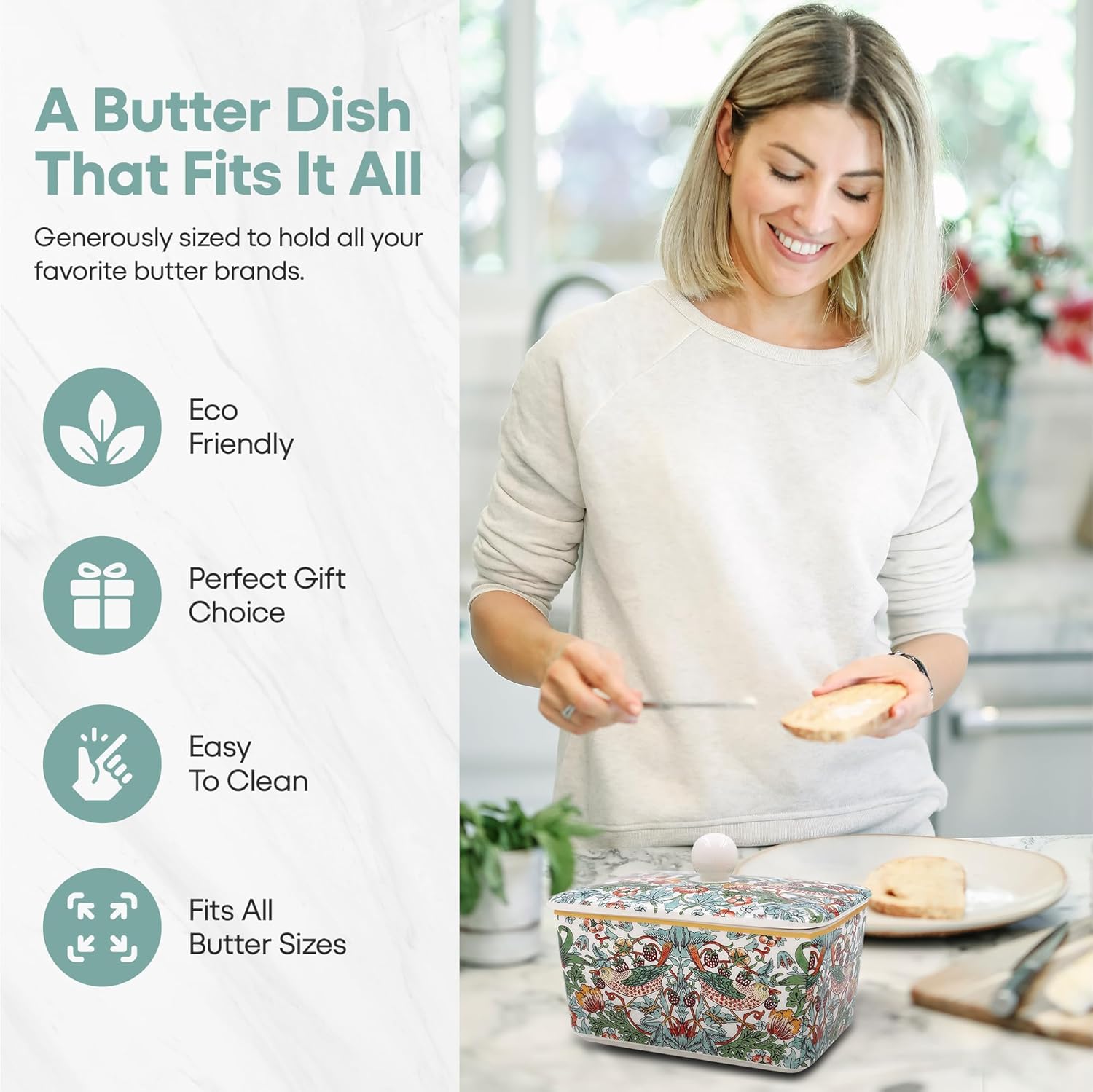 The Leonardo Collection William Morris Strawberry Thief Butter Dishes for Kitchen & Home | Dishwasher Safe Butter Dish with Lid for Keep Butter Fresh | Durable BPA-Free Butterdish for Butter Storage