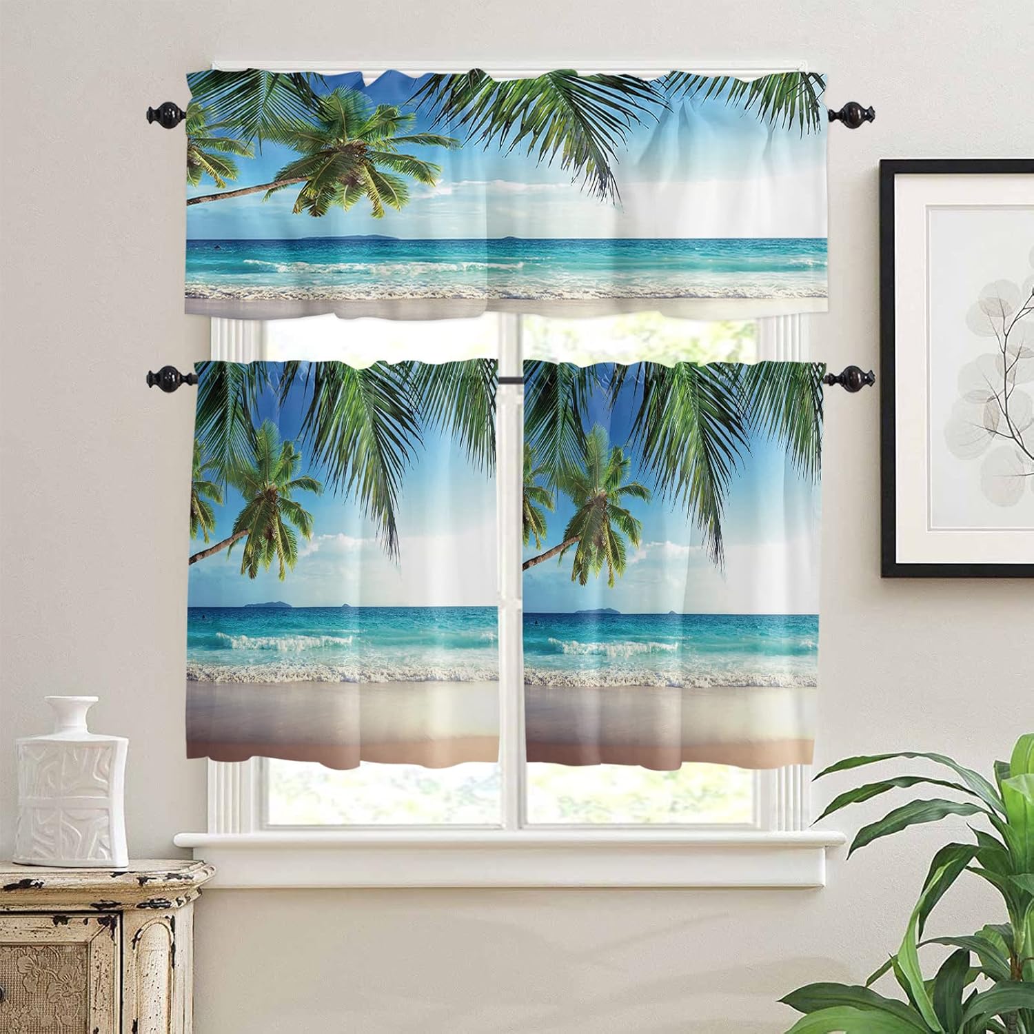 Kitchen Curtains and Valances Set,Palms Tree Ocean Tropical Sea Window Treatments Tiers Beach Theme Semi Sheer Half/Short Curtains for Small Windows Cafe /Living Room/ Bedroom 54x24 in, 3-Piece