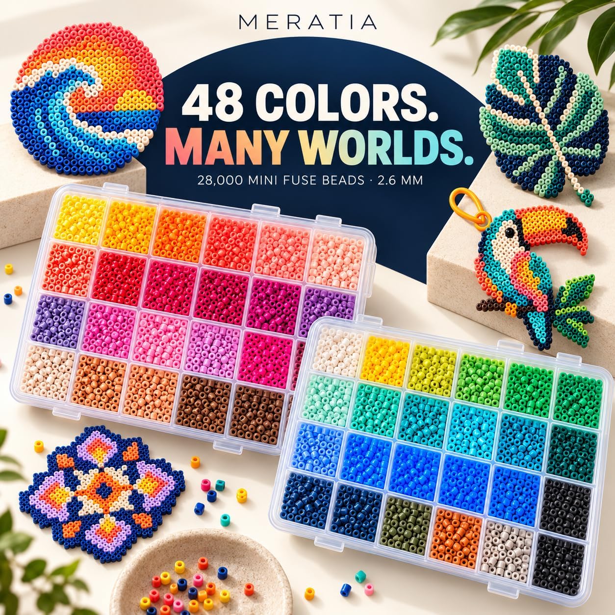 28,000 Mini Fuse Beads Kit, 2.6mm, 48 Colors, Pegboards