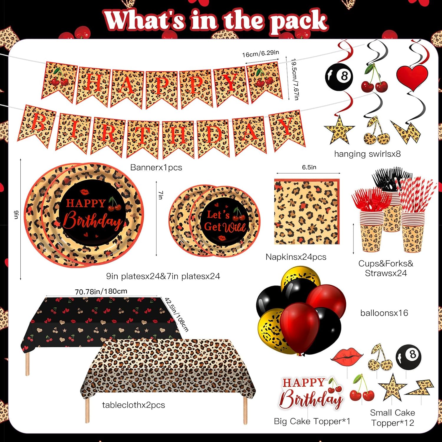 192Pcs Red Cheetah Print Birthday Party Decorations Serve 24 Guests,Leopard Birthday Decorations Includes Plates Napkins Banner Tablecloth Balloons Cake Topper,for Girls Women Big Mama Party