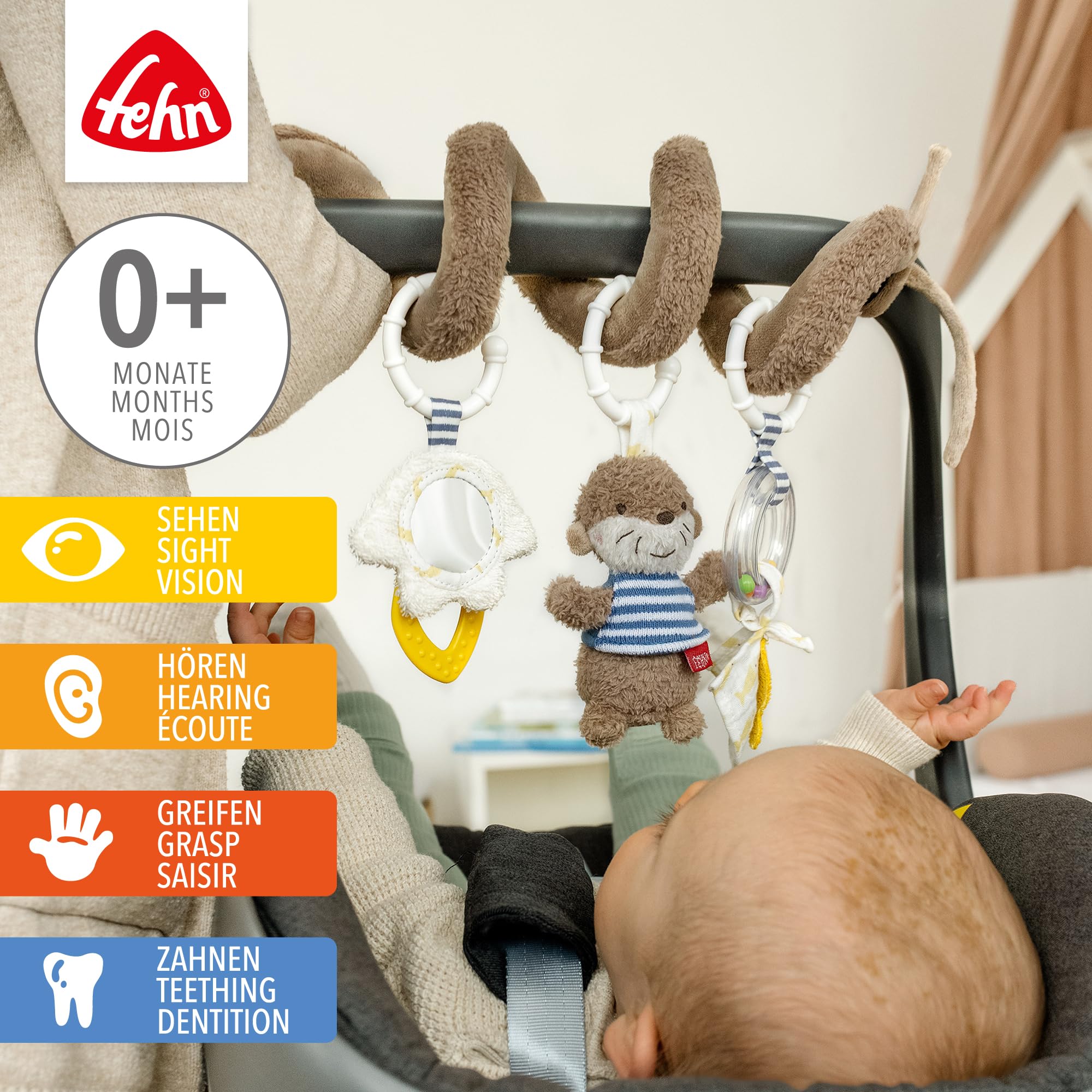 Fehn Spirala Activity Otter – spirala z materiału z funkcjami uczenia się do chwytania, odczuwania, zabawy – wspomaga chwytanie, zmysł dotyku i motorykę – do domu i w podróży, dla niemowląt od, Wydra