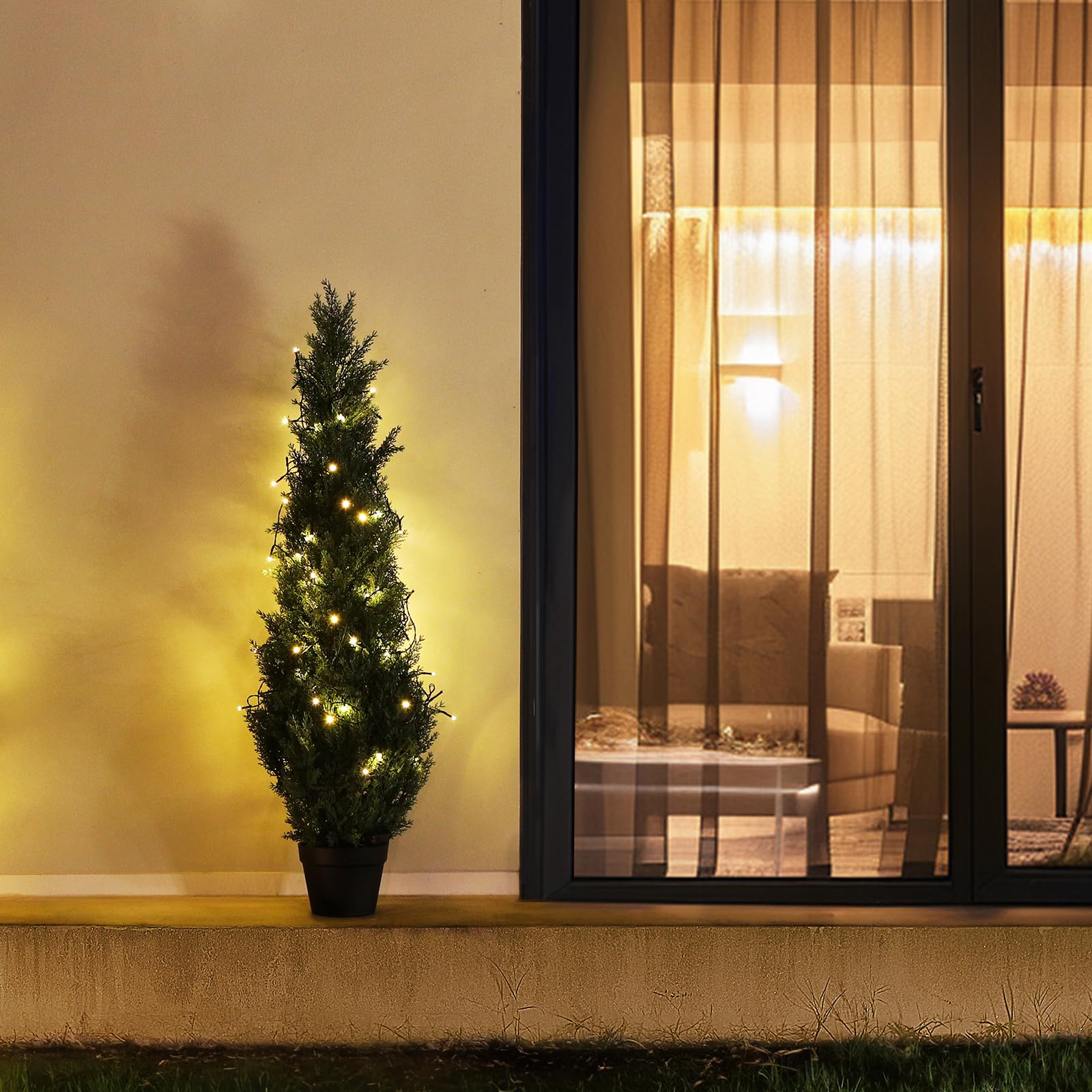 Lot de 1 arbre topiaire artificiel de 1,2 m pour extérieur, cyprès artificiel en pot avec lumières, fausses plantes persistantes pour décoration de porche