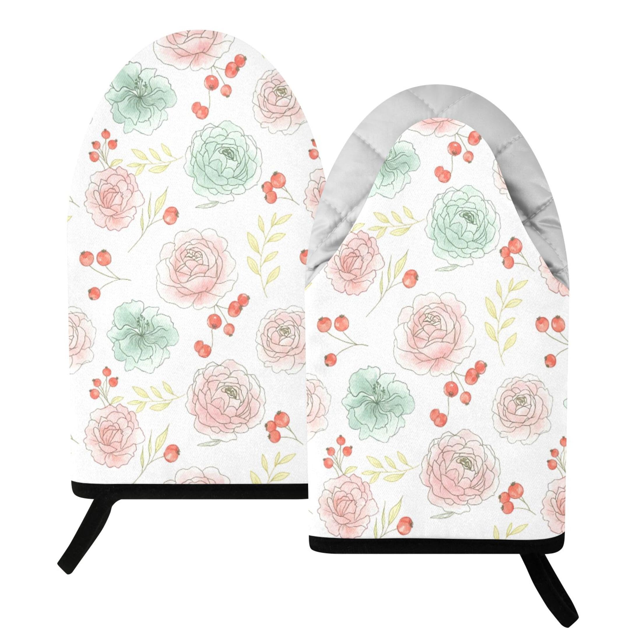Fuauuyl Oven Mitts Heat Resistant Kitchen Gloves, Watercolor Flowers Classic Oven Gloves with Hanging Loop for Baking BBQ Cooking Grilling, 1 Pair, 9.5 in