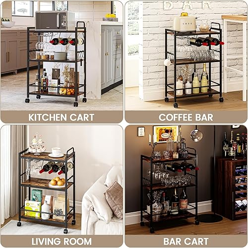 Miniatura 4 de Carrito de bar, carrito de servir para el hogar, carrito de microondas, carrito de bebidas, estante de cocina móvil con estante para vino y soporte