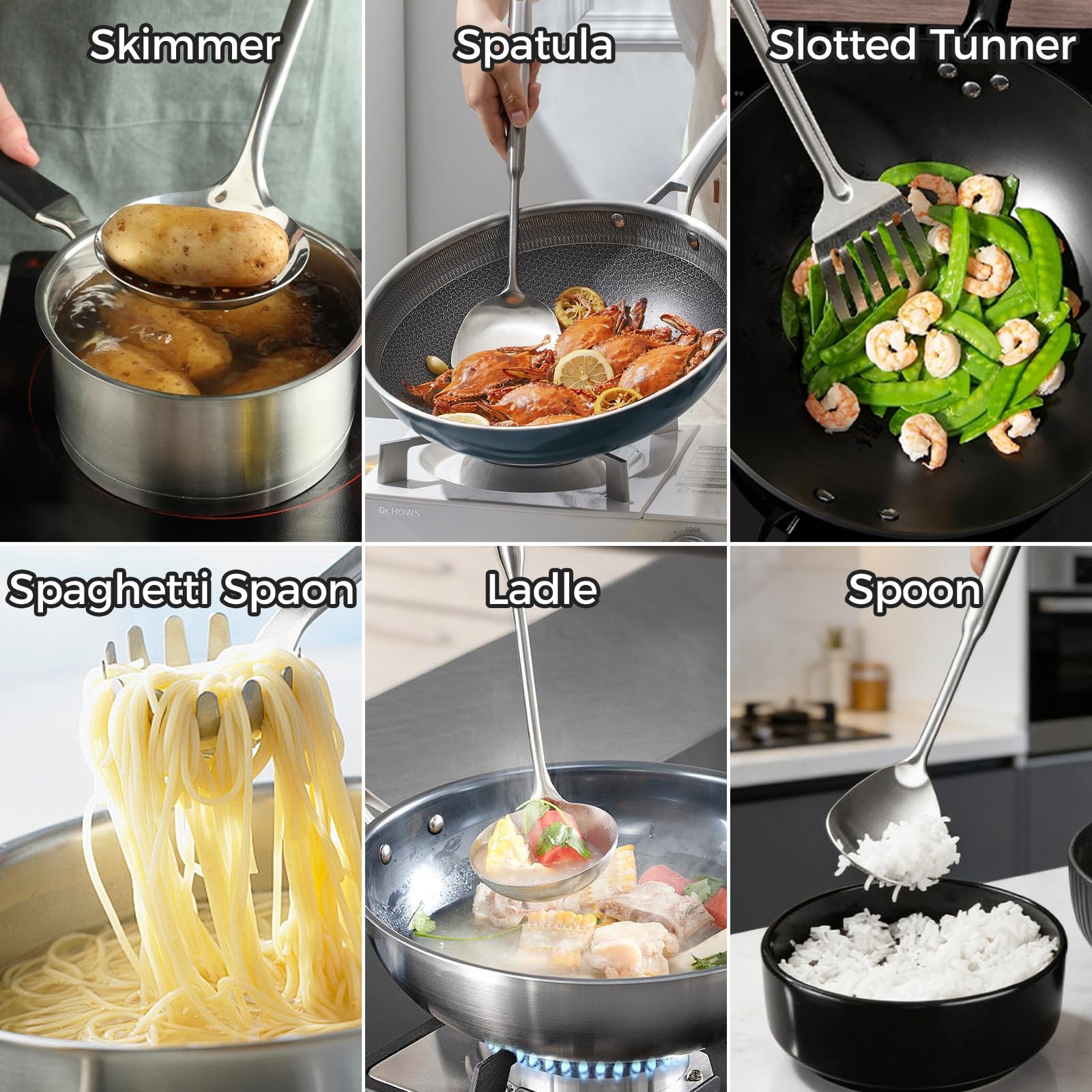 Set da 6 Utensili da Cucina in Acciaio Inossidabile | Resistenti Al Calore, Include Mestolo, Palette, Schiumarola E Cucchiaio Per Pasta, Lavabili In Lavastoviglie