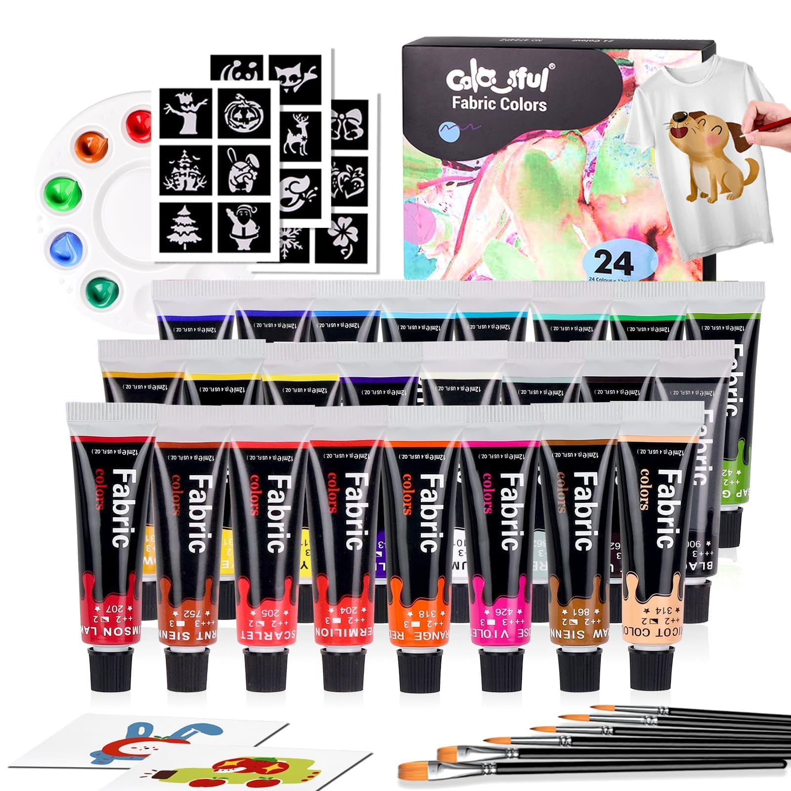 Colorful Fabric Paint Set for Clothes 24 Colors - Permanent Textile Paint Kit for Shoes, Canvas - Non-Toxic Slick Painting Set for Adults, Beginner & Artists