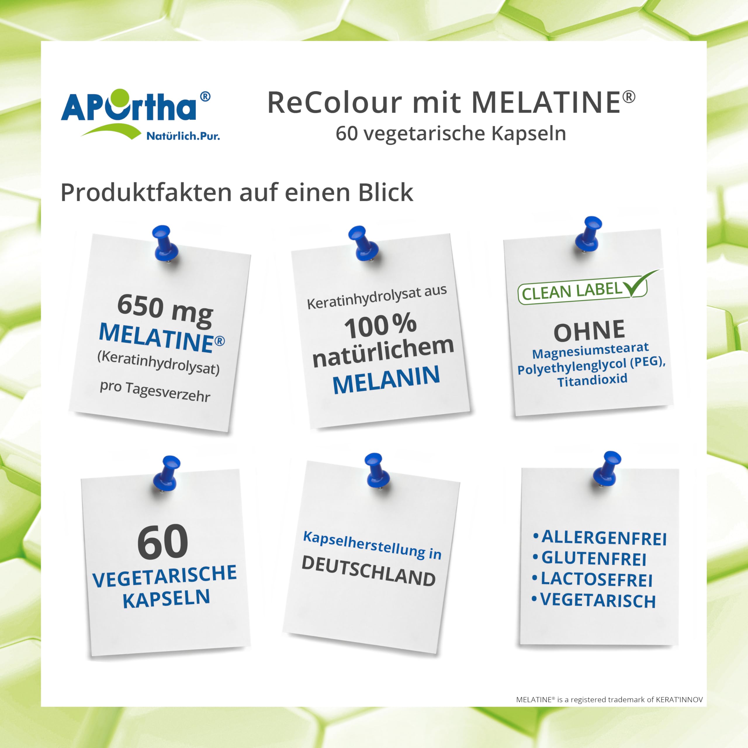 APOrtha® ReColour mit hochwertigem Melatine® Melanin I 60 vegetarische Kapseln mit Melanin gegen graue Haare I schrittweise Re-Pigmentierung von weißem und ergrautem Haar I Anti graue Haare Männer