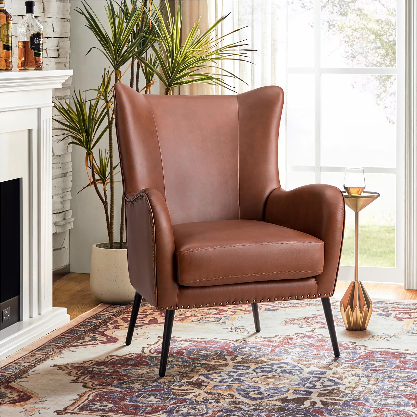 HULALA HOME Faux Leather Accent Chair with Removable Cushion, Comfy Upholstered Armchair with Black Metal Legs & Nailhead Trim Wingback Vanity Chair