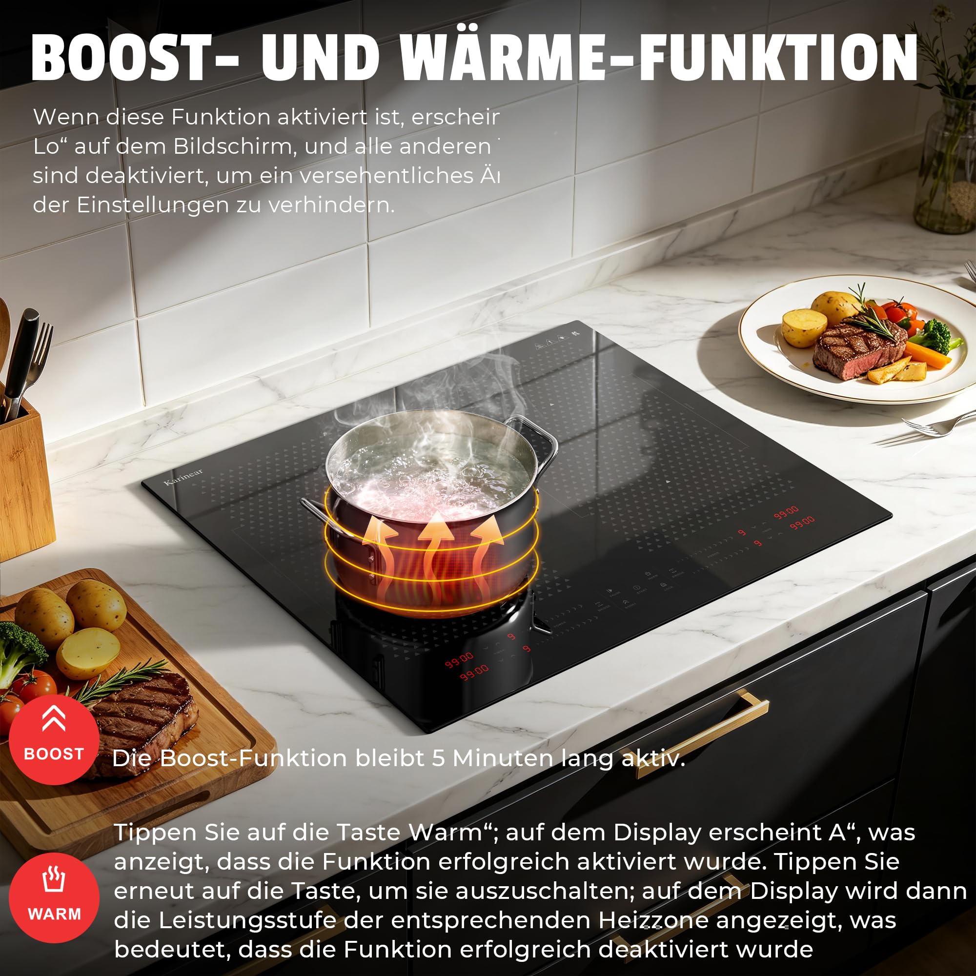 Karinear Induktionskochfeld 60 cm, 7200W Autark 4 Platten Flex Zone Boost | Einbau ohne Stecker, Touch Slider, Timer, Pause, Sicherheitsverriegelung und 9 Leistungsstufen für flexible Küche