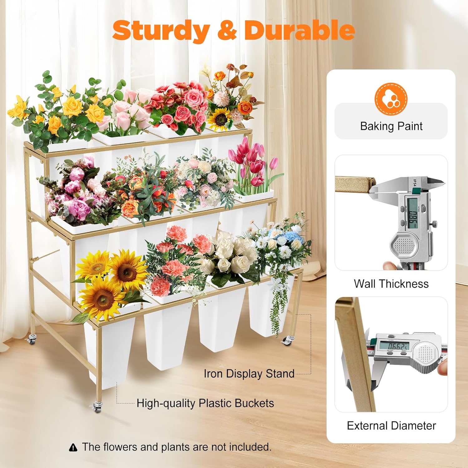 flower display stand cart with buckets commercial metal plant rack with wheels 3 tiers shelf bouquet holder for floral bar florist shop indoor outdoor patio garden decor (12 white-square bucket, gold rack a)