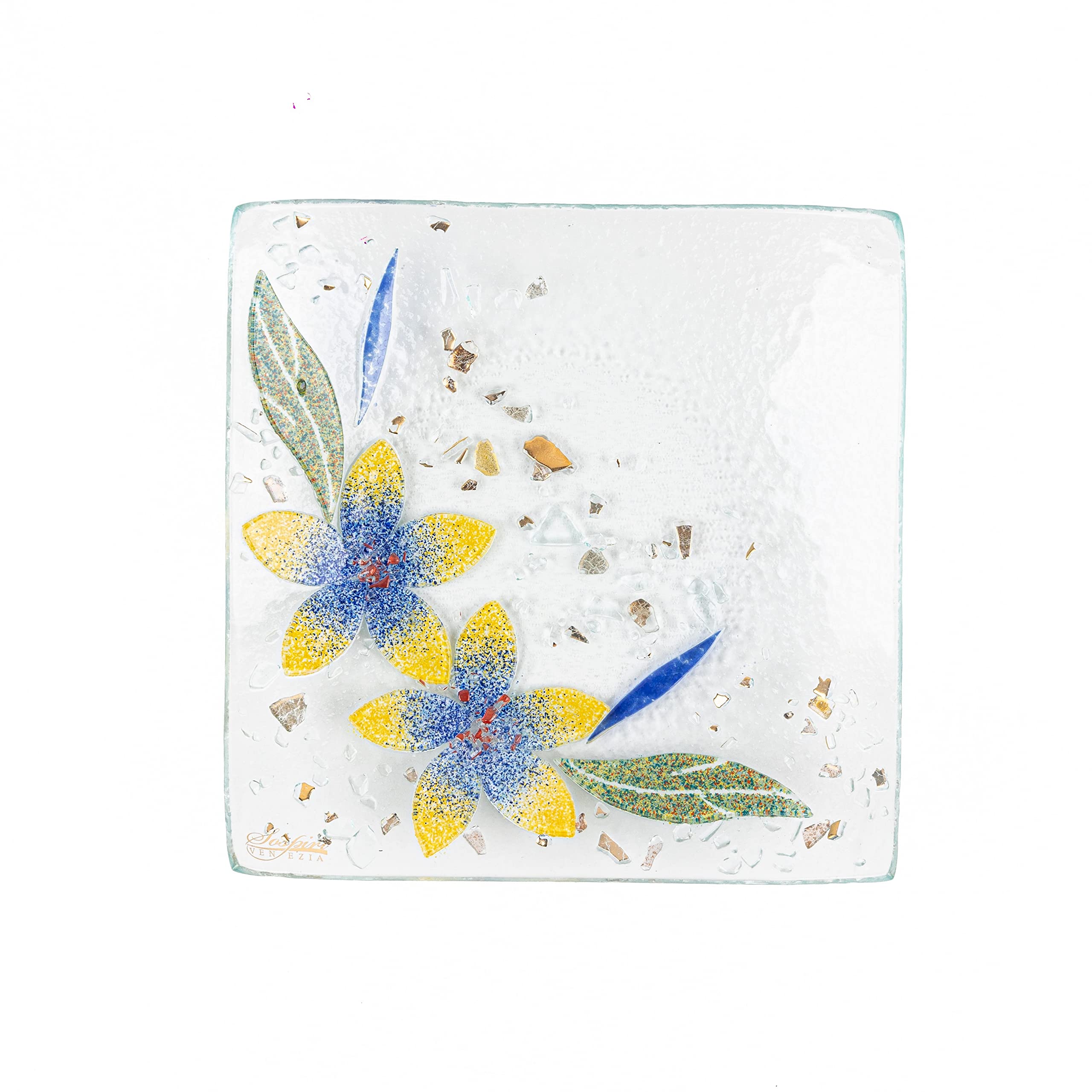 SOSPIRI VENEZIA Svuotatasca Piatto Soprammobile Decoro Floreale Vetro Murano Centrotavola Arredo Casa Idea Regalo Realizzato a Mano Made Italy (cm19X19 Quadrato)