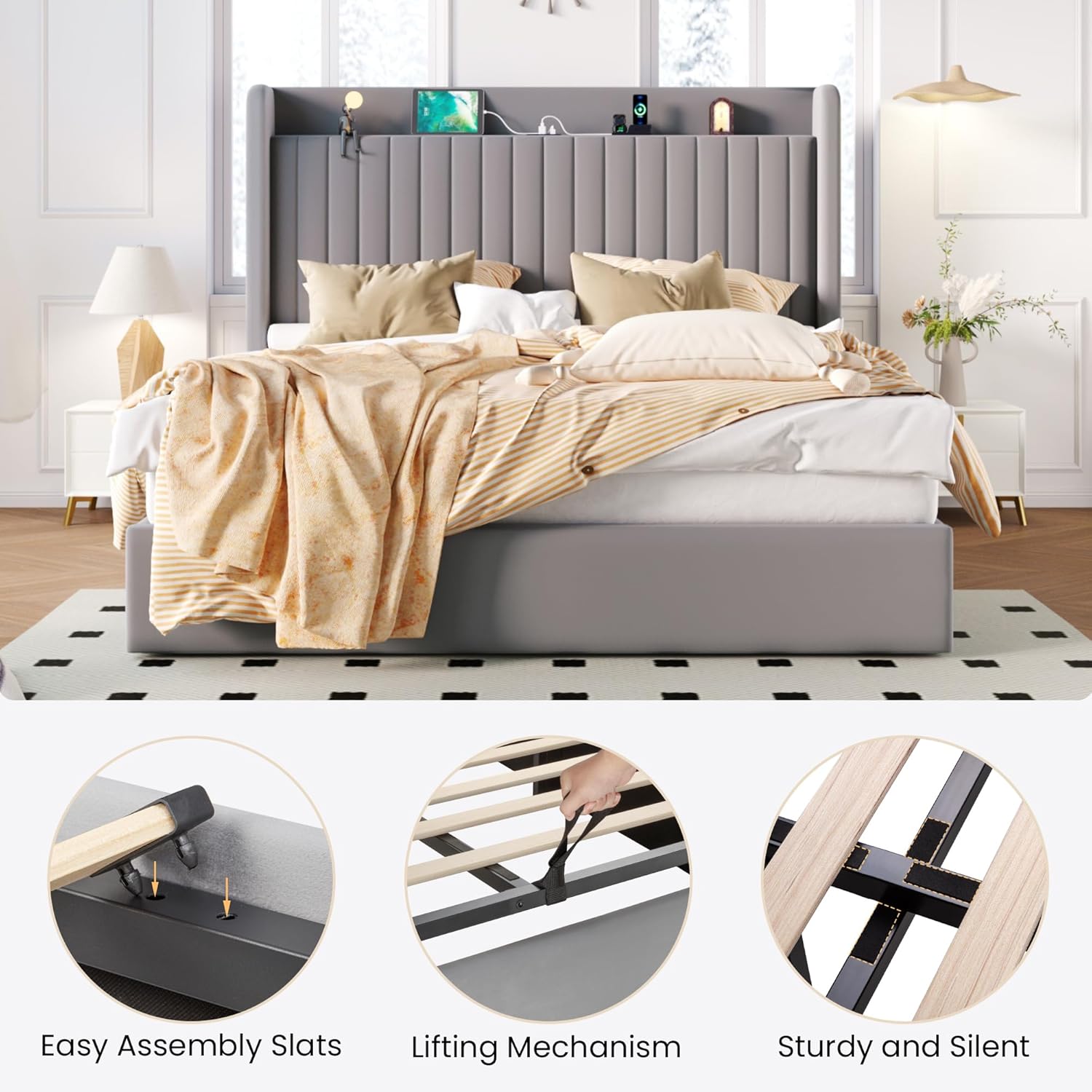 SHA CERLIN Queen Size Lift Up Storage Bed Frame with Charging Station/USB,Type-C Port/Storage Headboard/Velvet Upholstered/Hydraulic Support/No Box Spring Needed/Noise Free/Gray