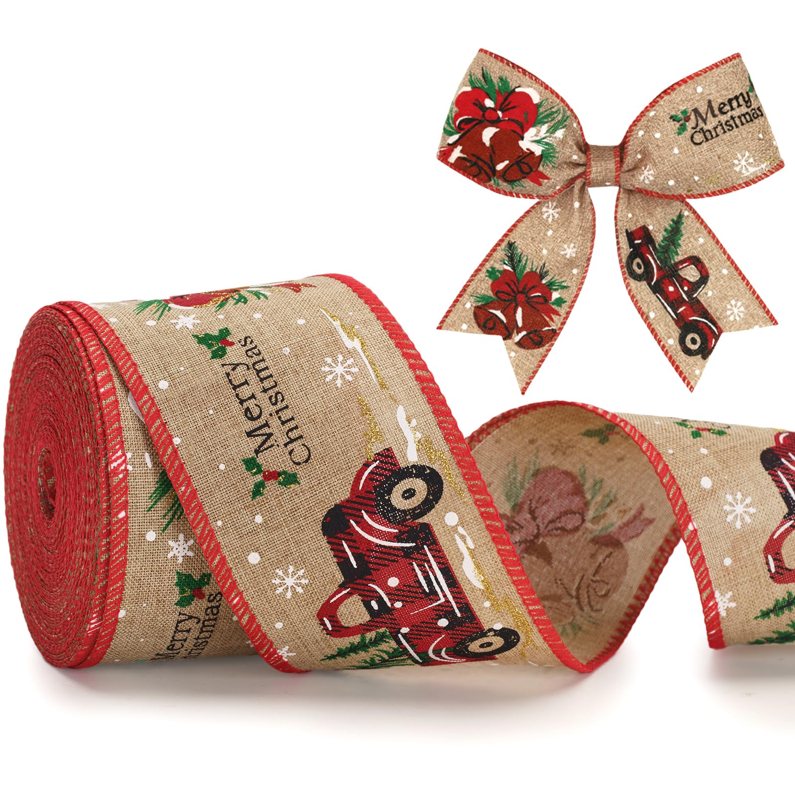 KINGLAKE Merry Christmas Wired Ribbon for Wreath Bows Making, 10M 2.5 Inch Wide Brown Ribbon, Natural Hessian Burlap Xmas Wired Ribbons for Christmas Tree Decorations, Gift Wrapping, Crafts — image 1