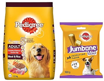 Pedigree Adult Dry Dog Food- Meat & Rice, 1.2kg Pack & Pedigree Jumbone Mini Adult Dog Treat, Chicken & Lamb - 160 g Pack (4 Treats)