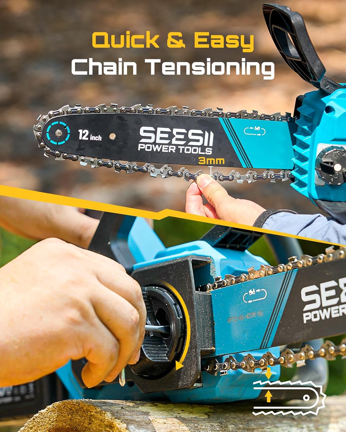 Image showing hands adjusting the chain tension on the SEESII 12-inch Cordless Battery Chainsaw using a screwdriver.