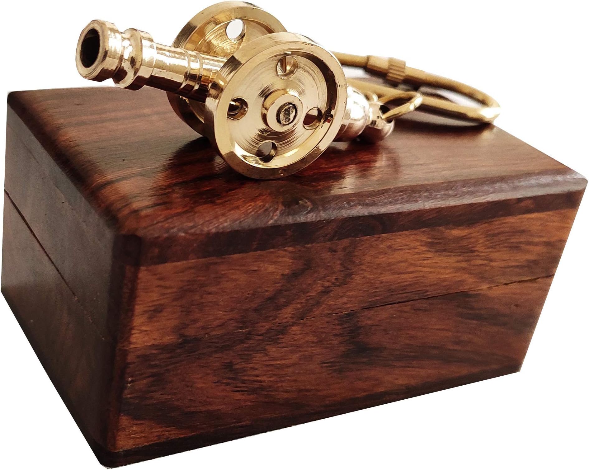 Artshai Nautical Brass Ring,Hook, Keychain Shaped As Medieval Cannon Handicraft keychan with Wooden Box.